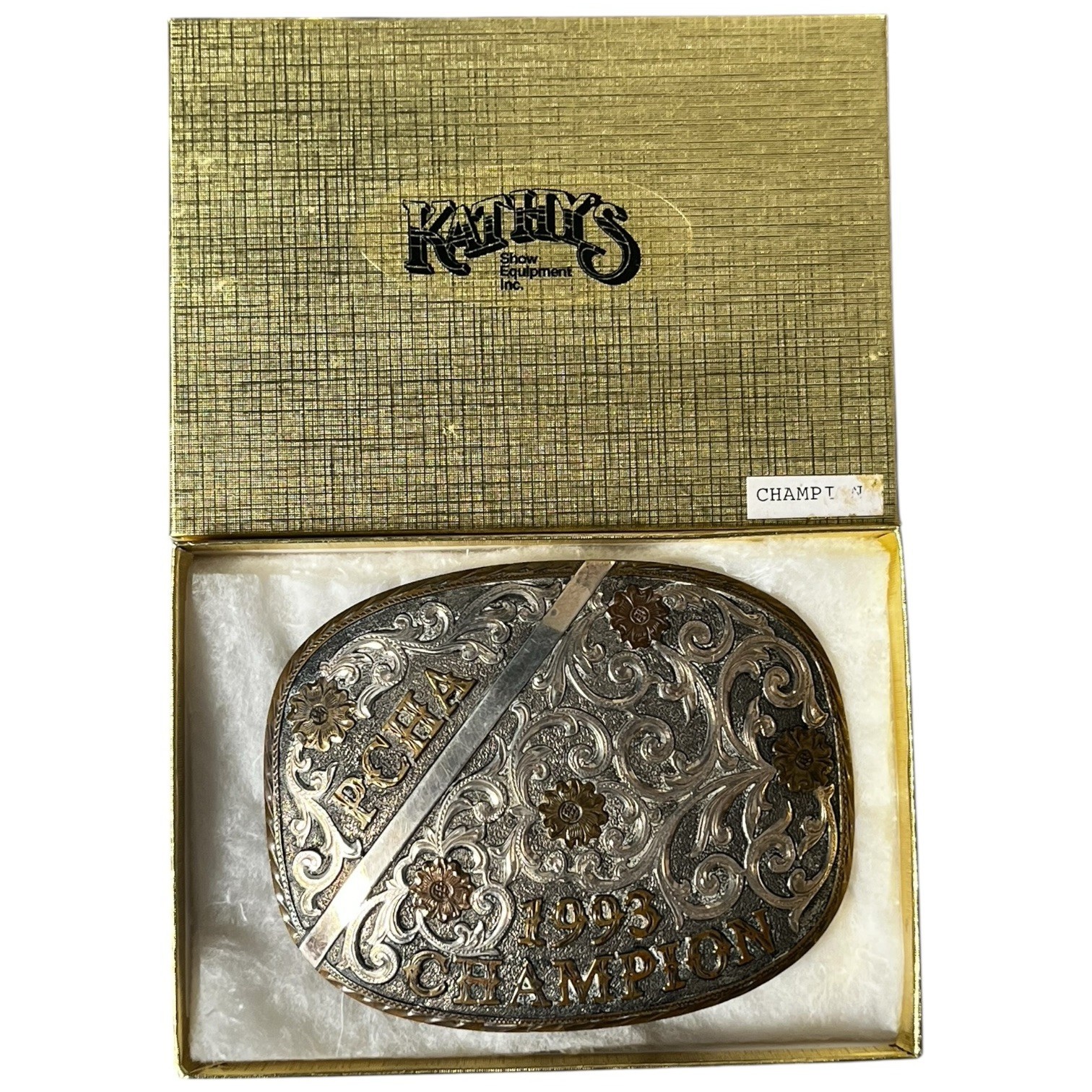 Vintage 1993 Kathy\'s Sterling Silver PCHA Trophy Belt Buckle Horse Ride Champion Vintage 1993 Kathy\'s Sterling Silver PCHA Trophy Belt Buckle Horse Ride Champion