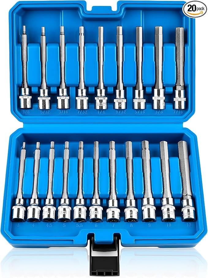 20PC Extra-Long Allen Hex Bit Socket Set, S2 Steel Hex Head Socket