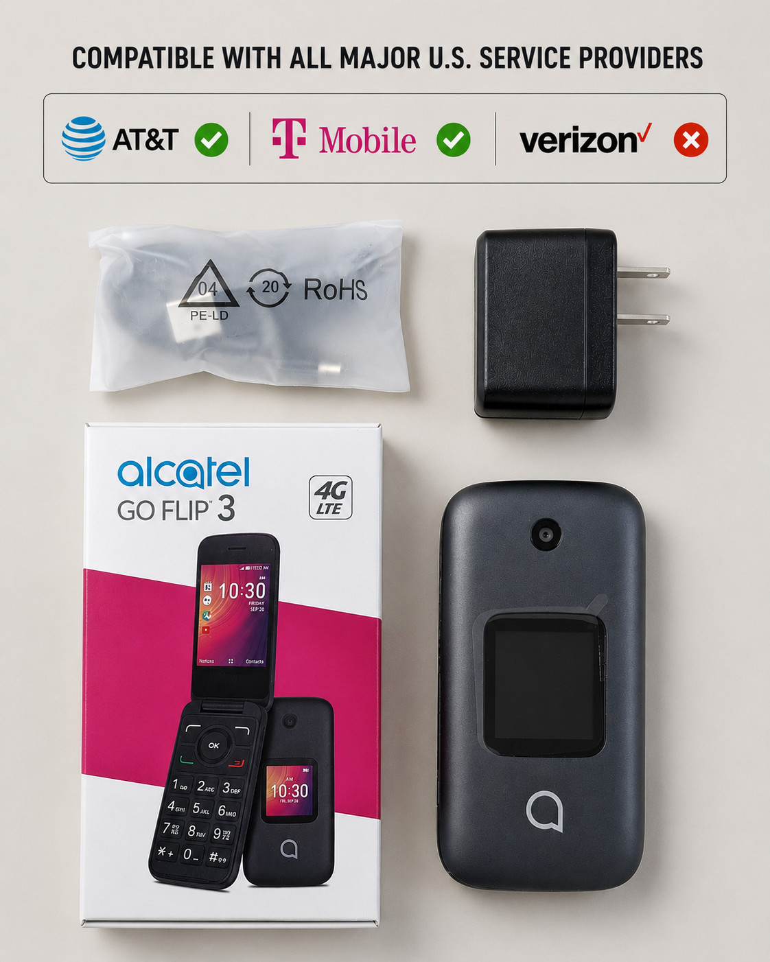 Alcatel GO FLIP 3 Flip Phone 4052z  Metro Unlocked ATT, Tmobile - 4G LTE