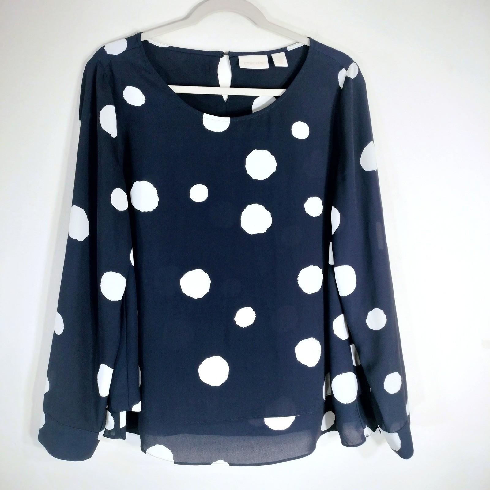 Chico\'s Navy Blue Polka Dot Blouse; Long Sleeve Layered Hem Keyhole Back