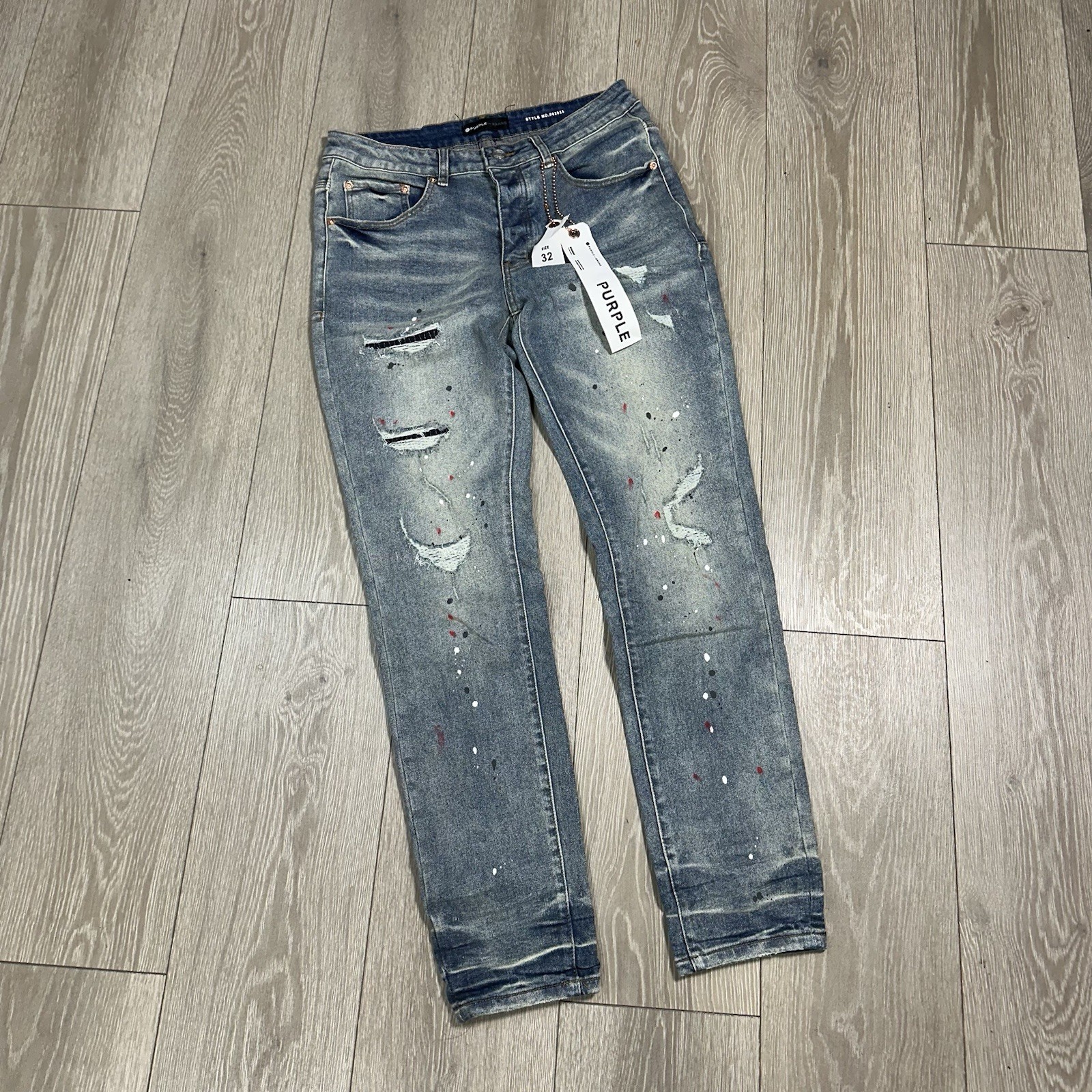 PURPLE BRAND Men\'s Blue Paint Splatter Denim Jeans Size 32 Regular Fit 5-Pocket