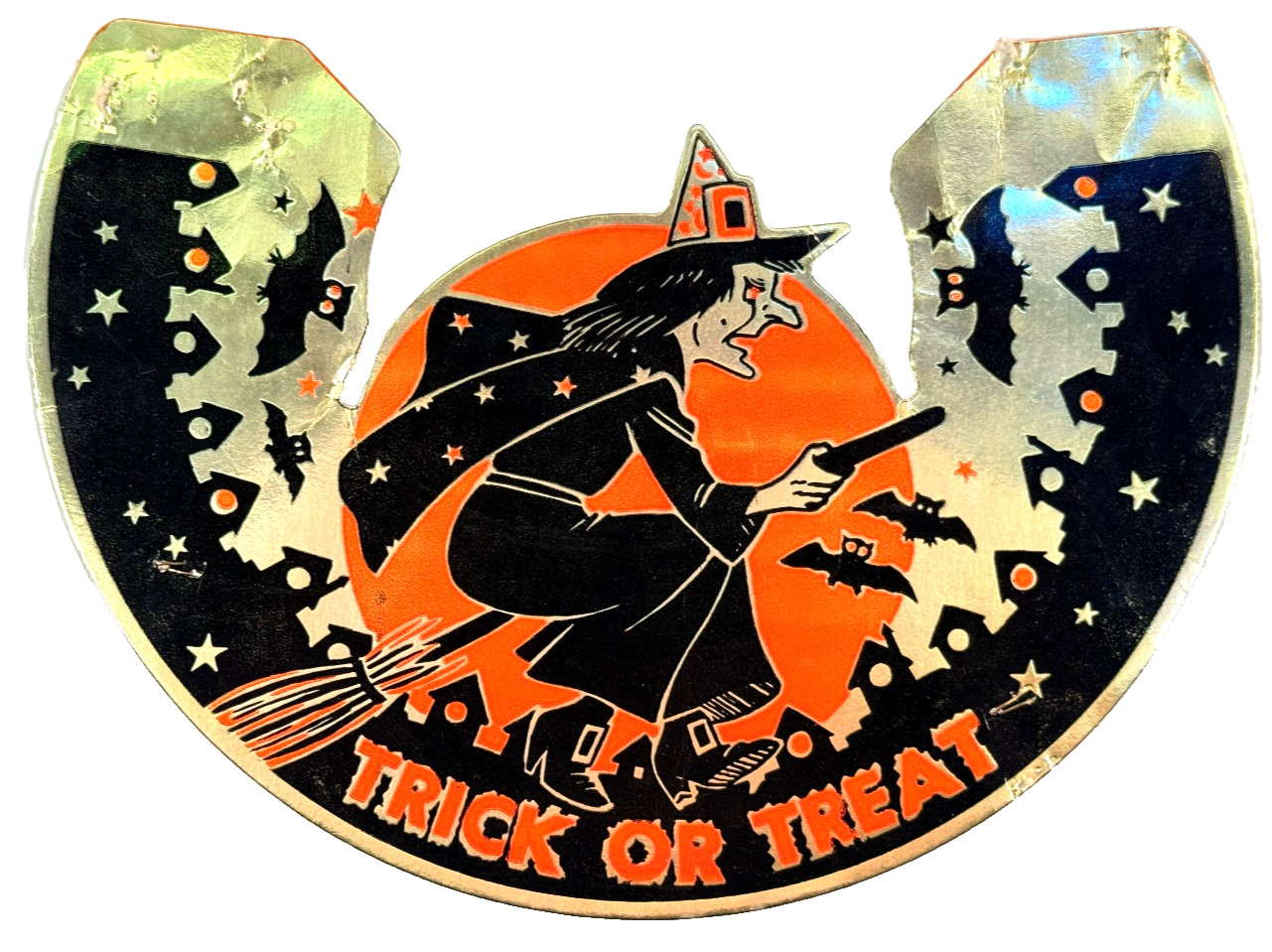 vtg 1960's Diecut Halloween Party Hat Gold embossed Witch Moon
