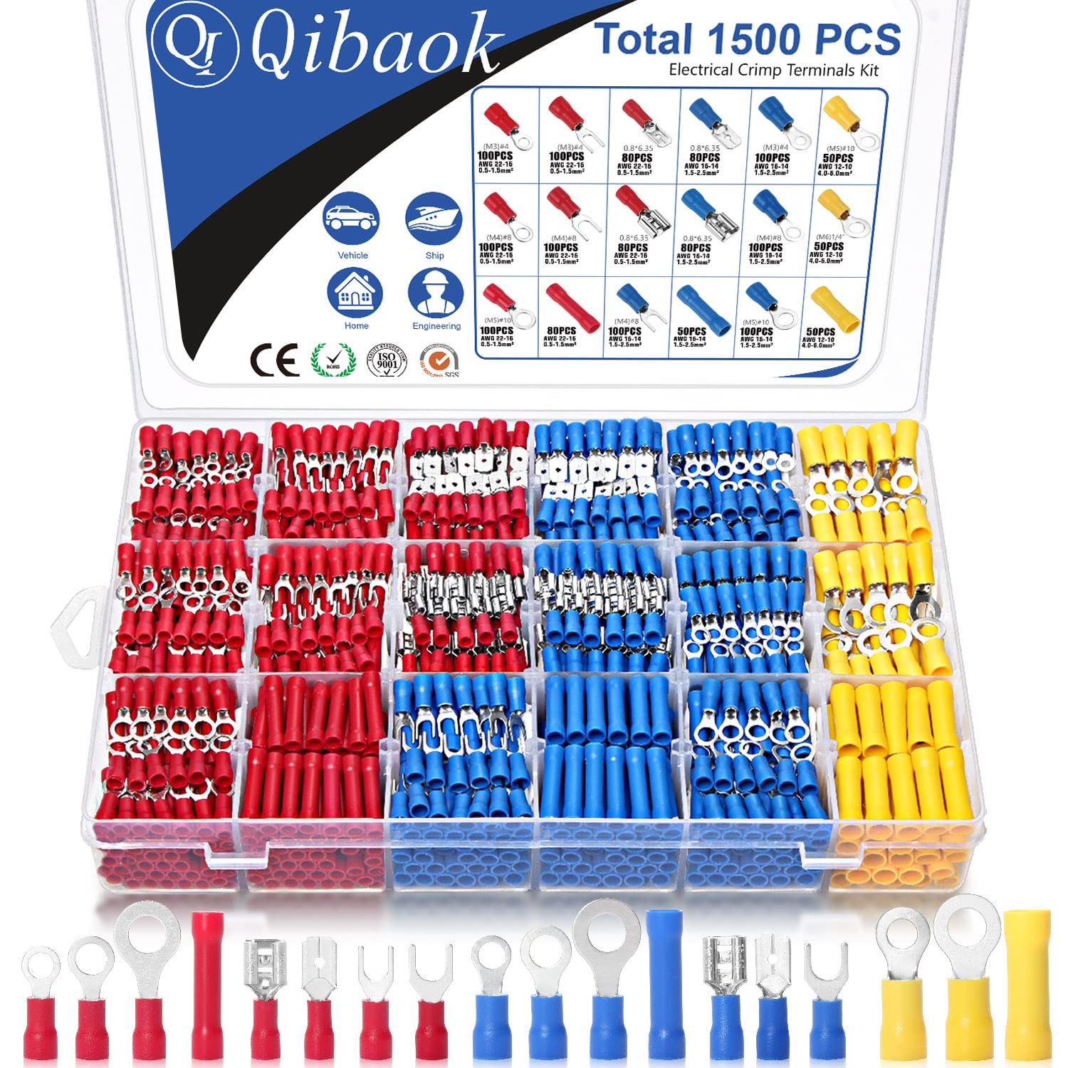 1500pcs Insulated Wire Connectors - Copper Ring Butt Spade Fork Kit