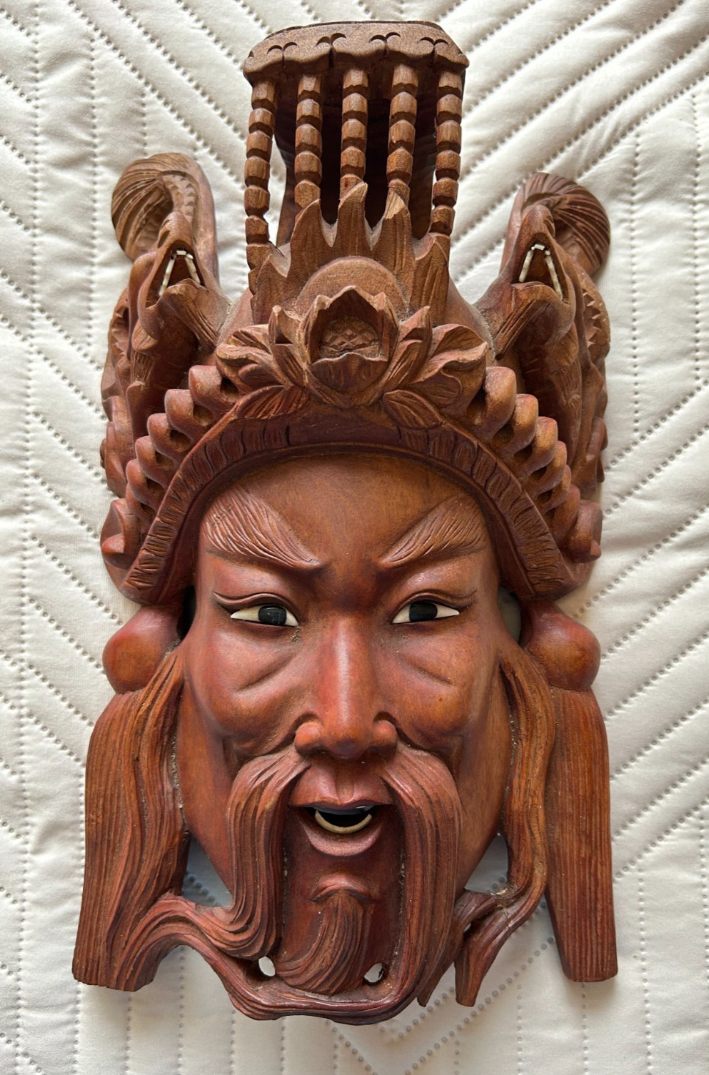 SPECTACULAR VINTAGE ROSEWOOD-CARVED ASIAN MASK Genghis Kahn PRISTINE CONDITION