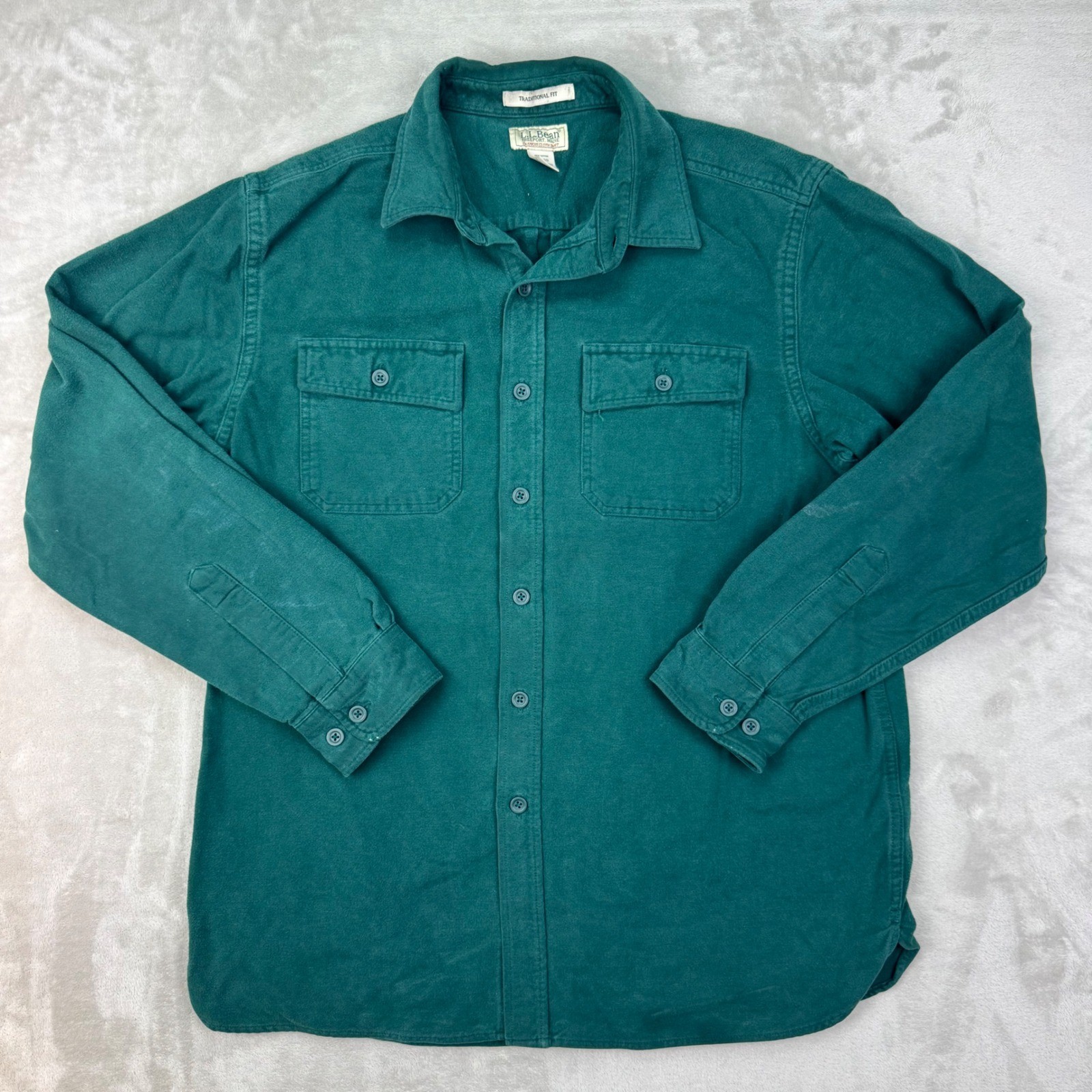 Vtg LL Bean Chamois Cloth Shirt Mens L Green Trad Fit Flannel Heavy Cotton