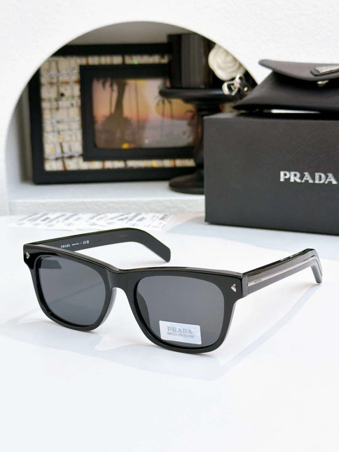PRADA SPRA17SF Unisex Sunglasses Gloss Black Frame Dark Grey Lens 55‑18‑150