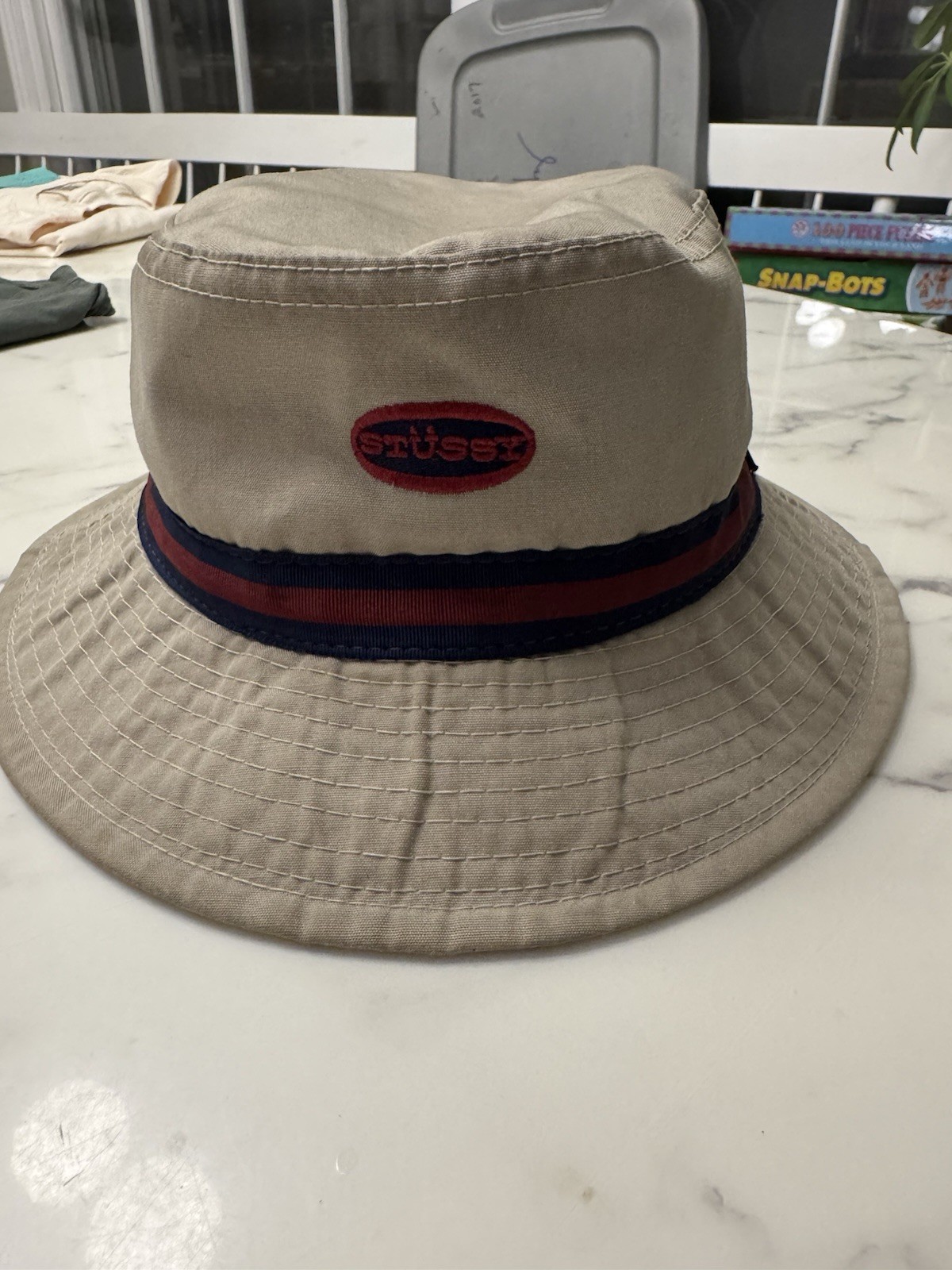 Vintage 90s Stussy CAPZ Bucket Hat Made In USA Old Stussy Tan Red Navy Stripe ML