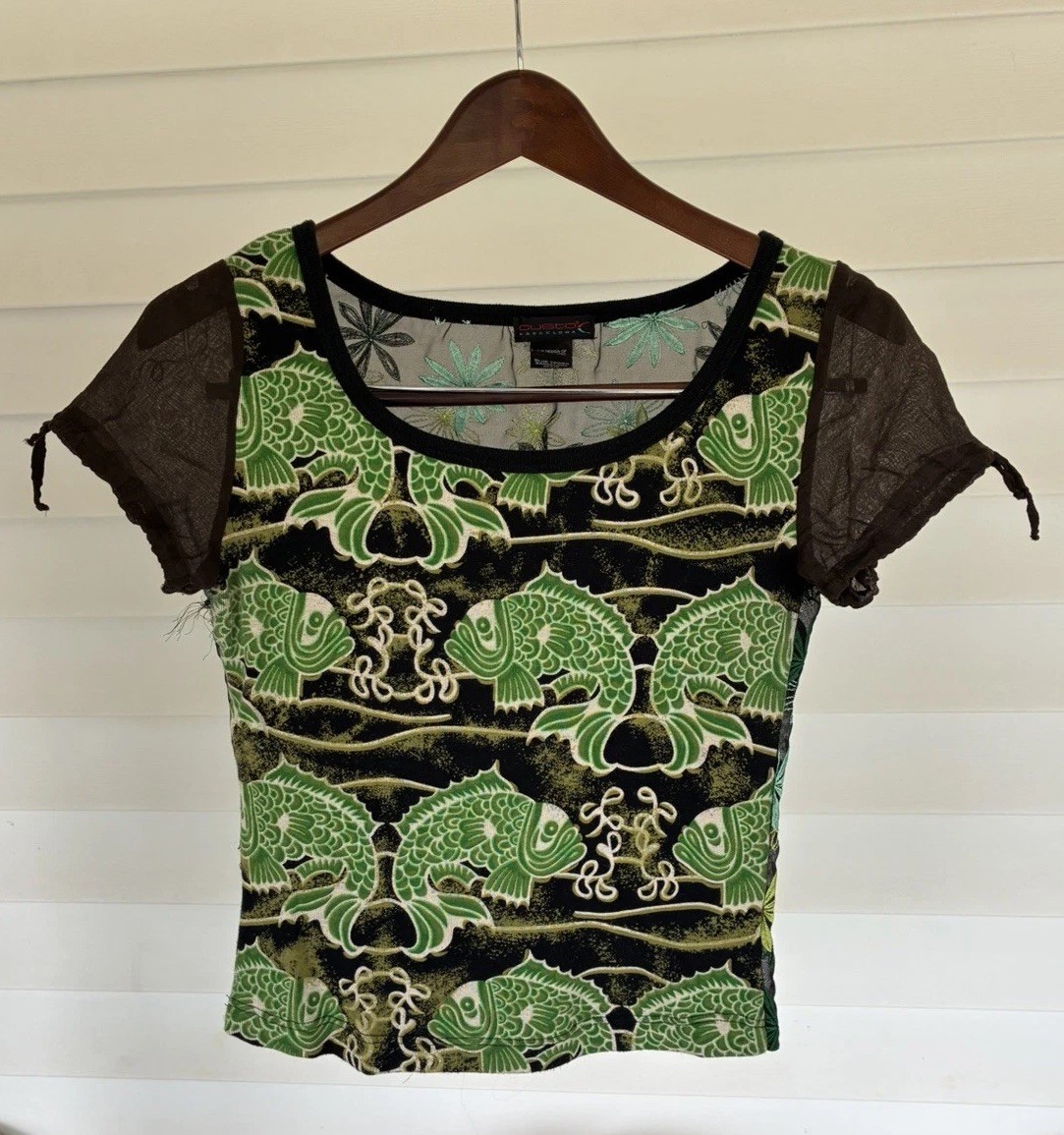 Y2k Vintage Shirt, Custo Barcelona, Fish Print, Sheer Back, Size Small, Women\'s