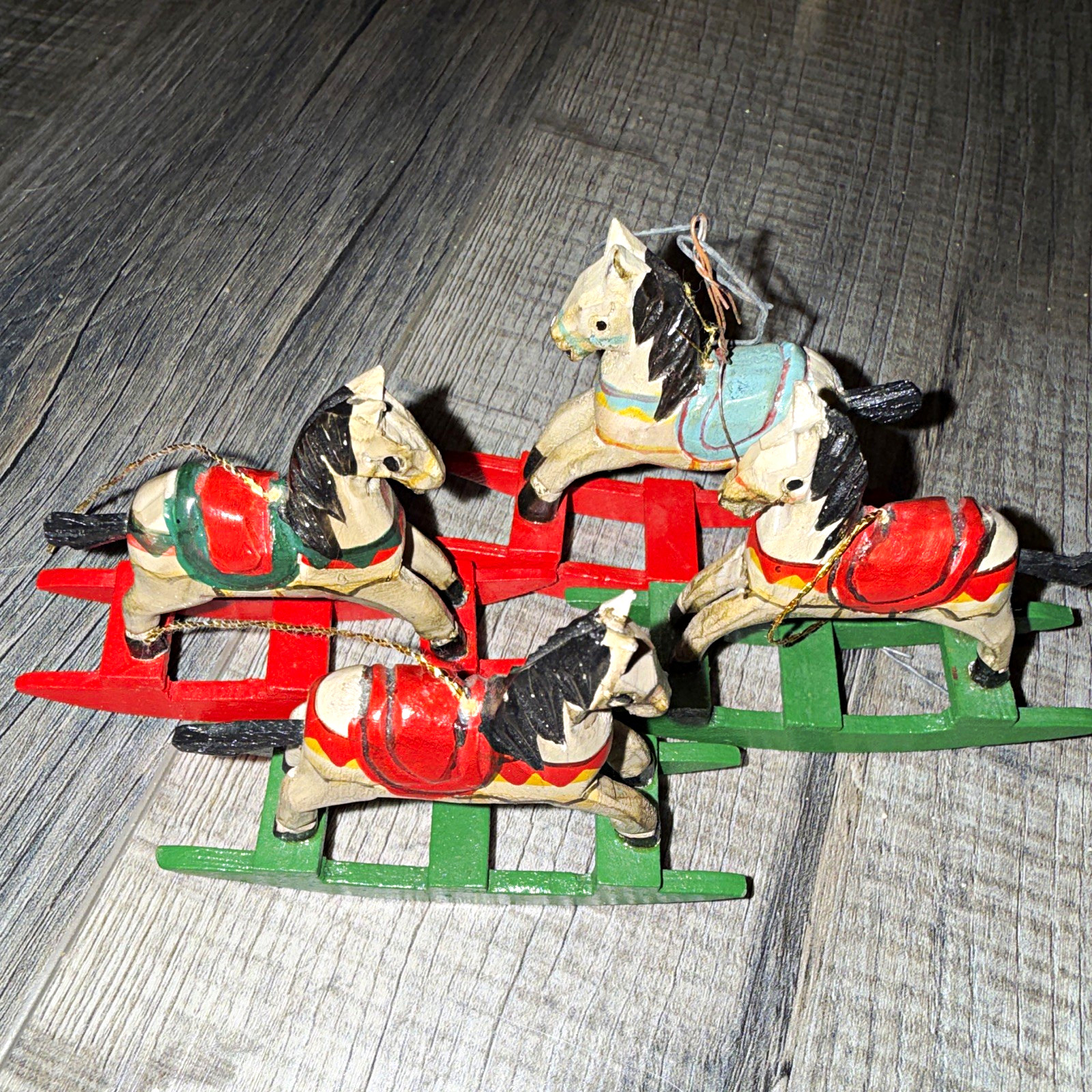 Vintage Hand Carved Wood Rocking Horse Christmas Ornaments Set of 4 Folk Art