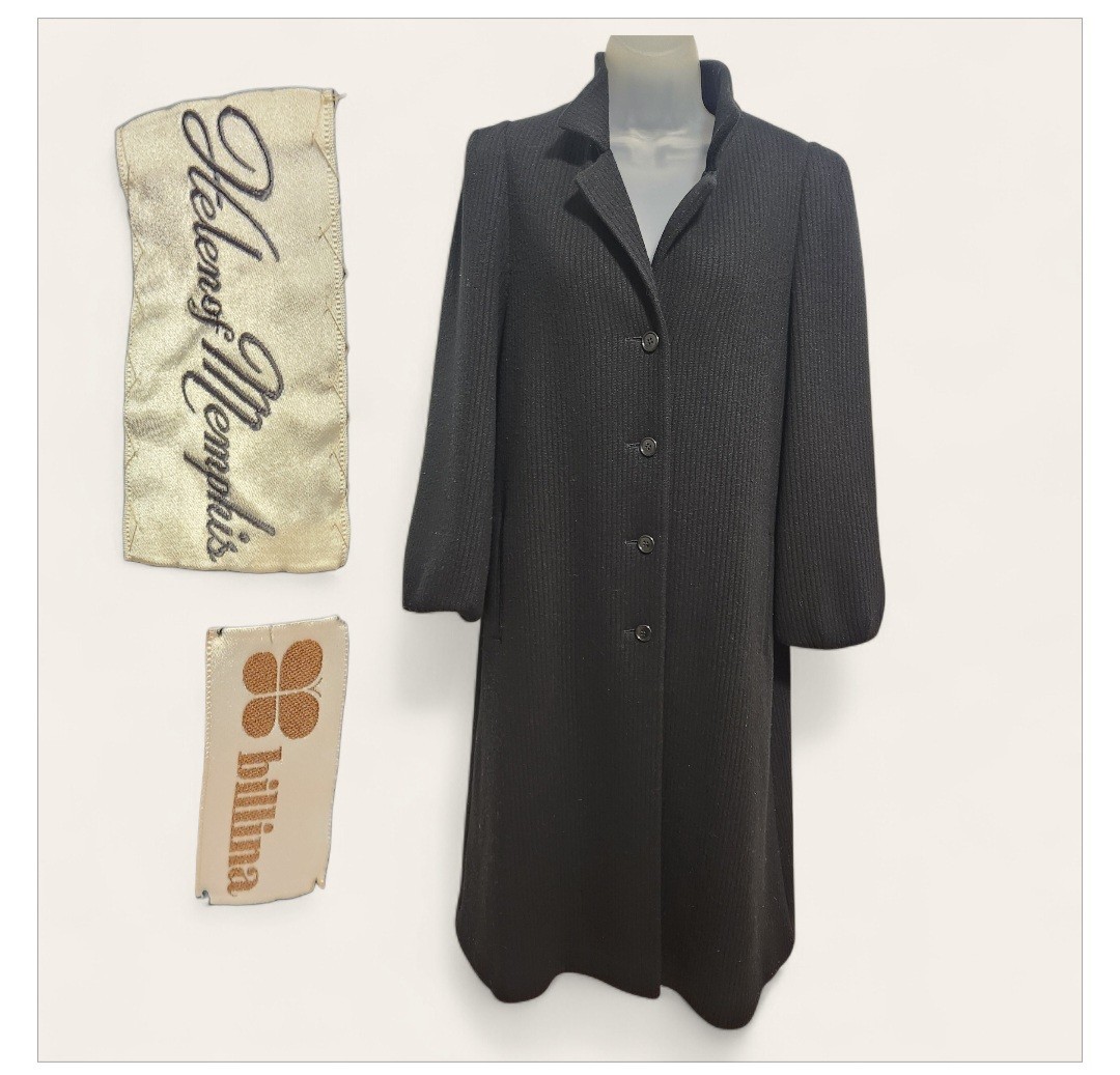 RARE Vintage Billina Black Wool Blend Rib Knit Mob Wife Coat Size 6 Small