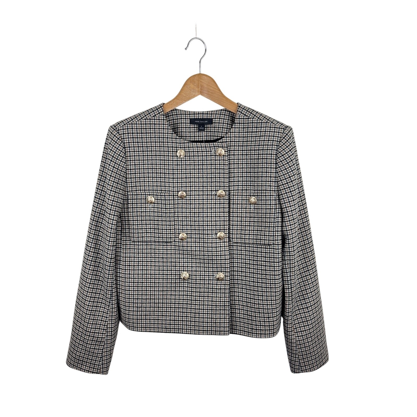NWT Ann Taylor Wool-Blend Houndstooth Blazer 8 Double Breasted Cropped