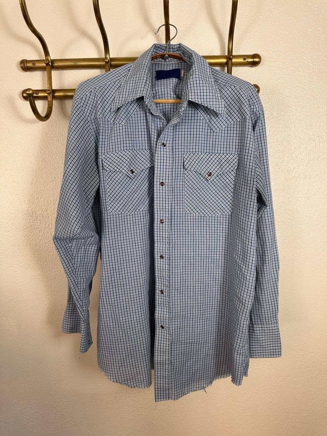 Vintage Western Wear Long Sleeve Western Shirt Size 16-33 Blue Gingham Plaid