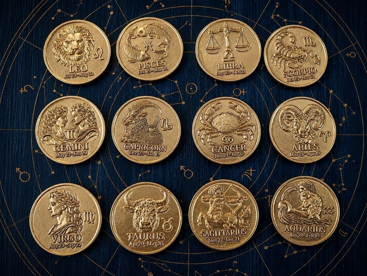 12 Zodiac Signs Brass Coins 1.4in – Handmade Astrology Horoscope Medallions Set