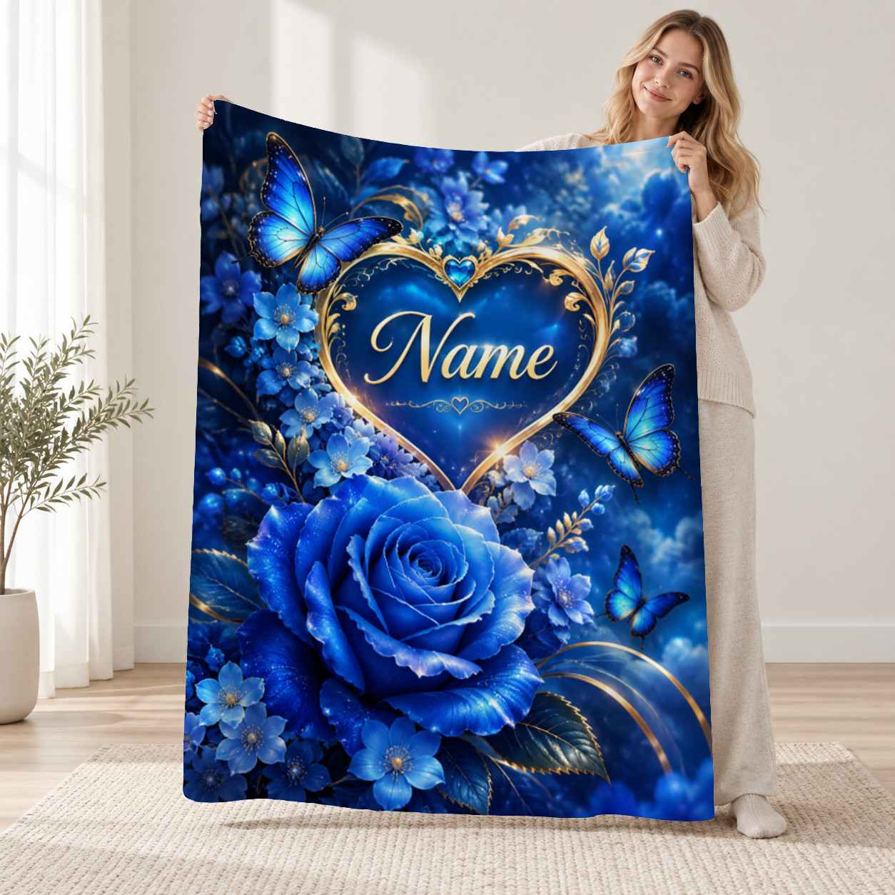 Personalized Blue Rose Butterfly Heart Coral Fleece Blanket