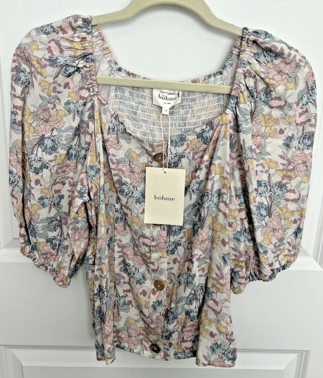 NWT Bohme Medium M Blouse Top Shirt Pastel Floral Pink Blue Yellow Boho NEW NWT Bohme Medium M Blouse Top Shirt Pastel Floral Pink Blue Yellow Boho NEW