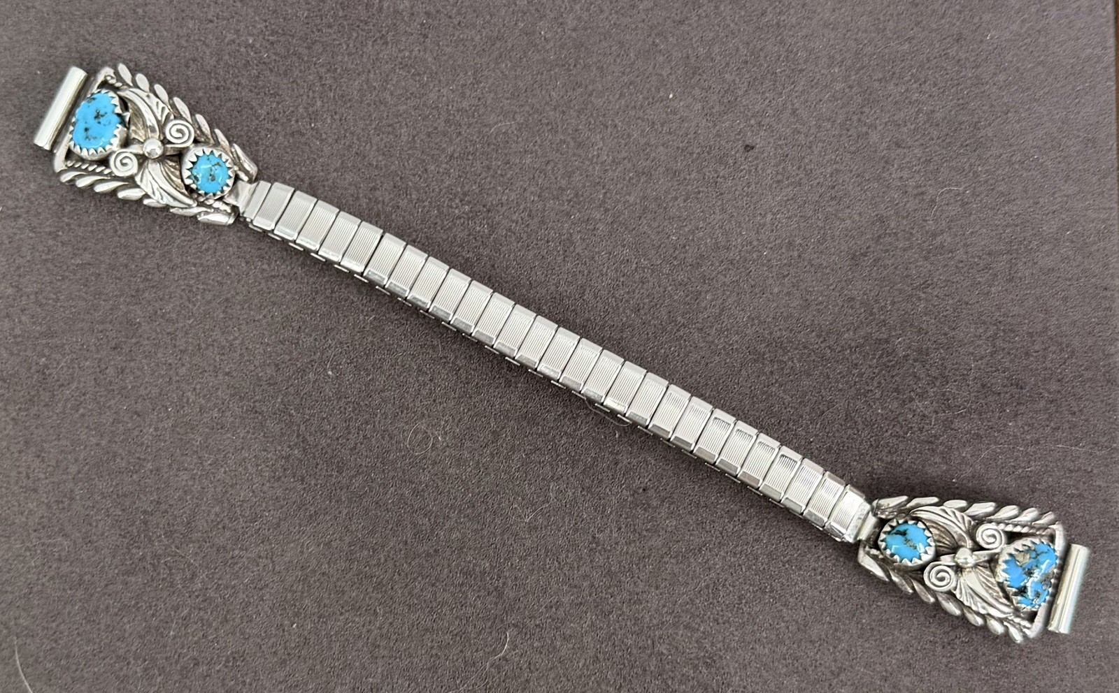 Vtg Native American Sterling Silver Turquoise Watch Tips Band Speidel Expansion