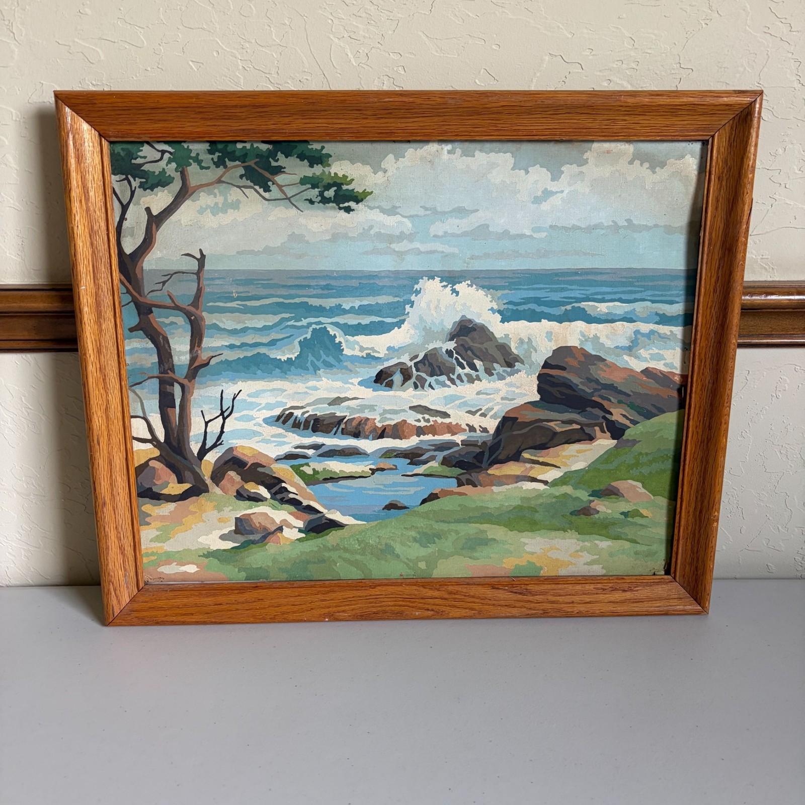 Vintage Paint by Number Lone Tree Rocks 1950s Ocean Beach Rocks Landscape Framed