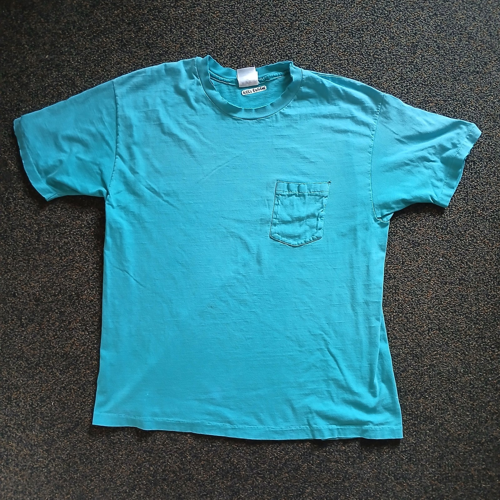 Vintage Blank Pocket Tee Shirt XL Blue Hanes USA 90s Single Stitch Distressed