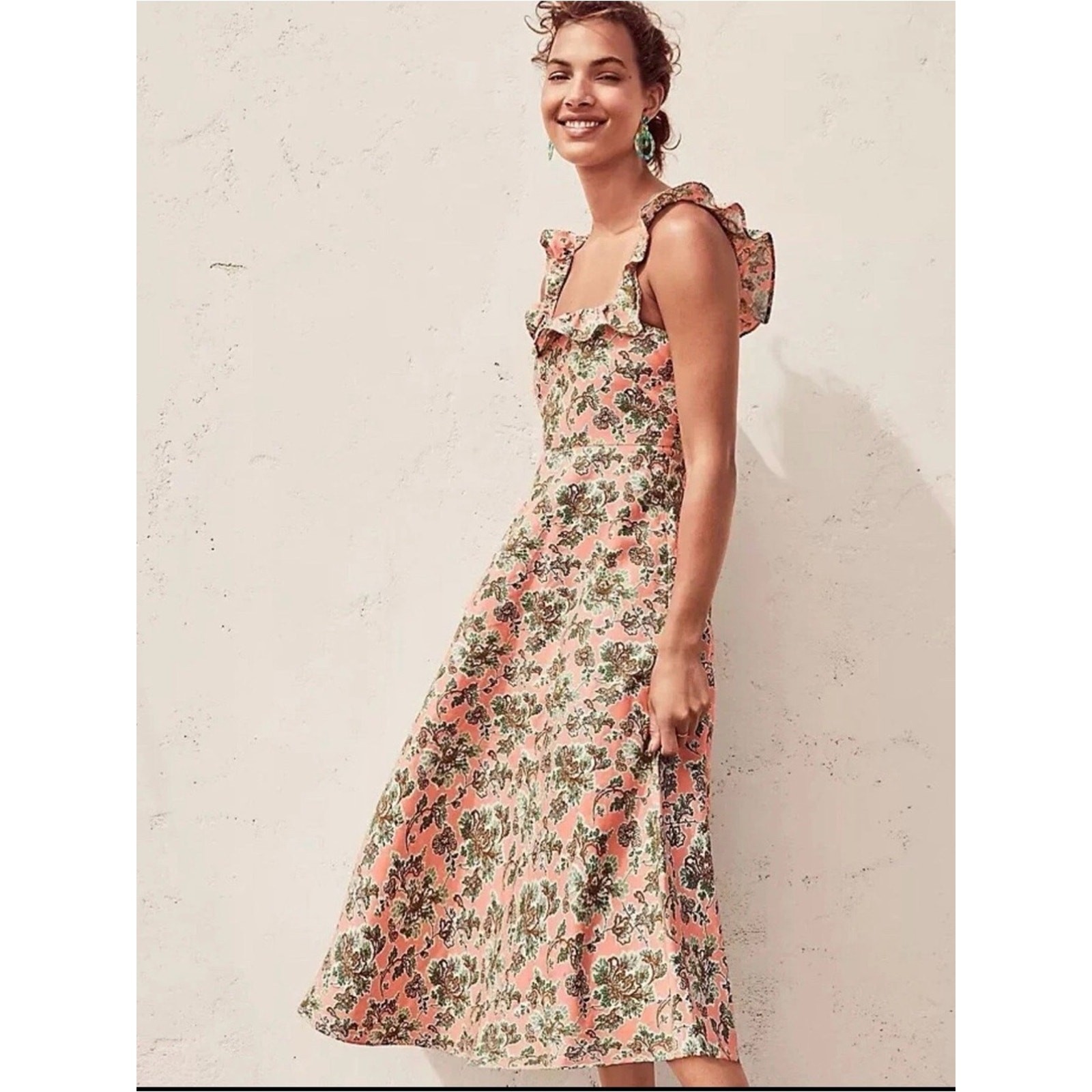 Ann Taylor Coral Floral Ruffle-Strap Midi Dress Ann Taylor Coral Floral Ruffle-Strap Midi Dress