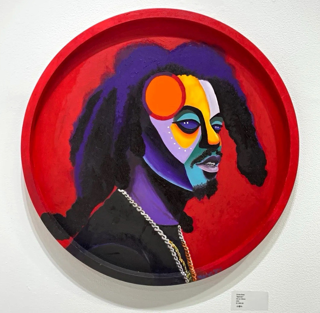 Abstract Original Portrait Painting on Round Panel, Multicolor, Red BG