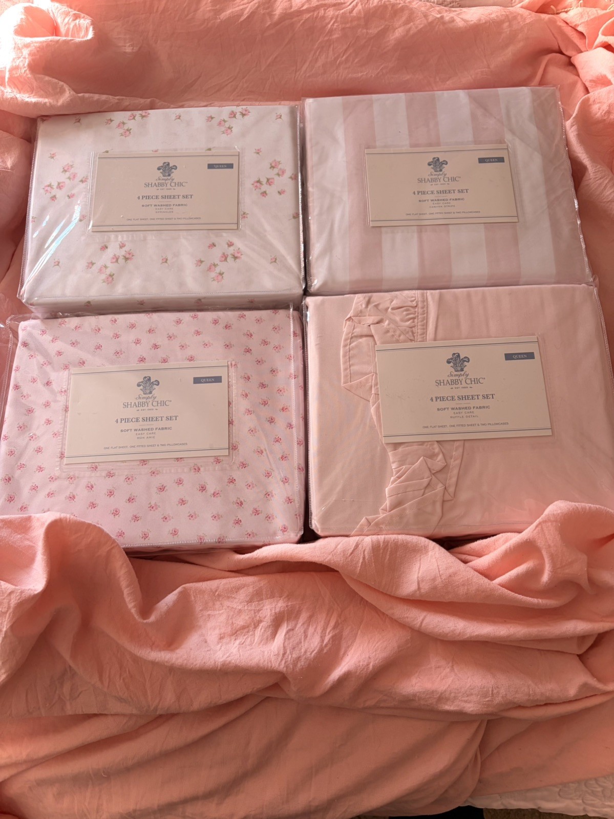 FOUR SIMPLY SHABBY CHIC QUEEN SHEET SETS MON AMIE SPRINKLES PINK STRIPE RUFFLE 