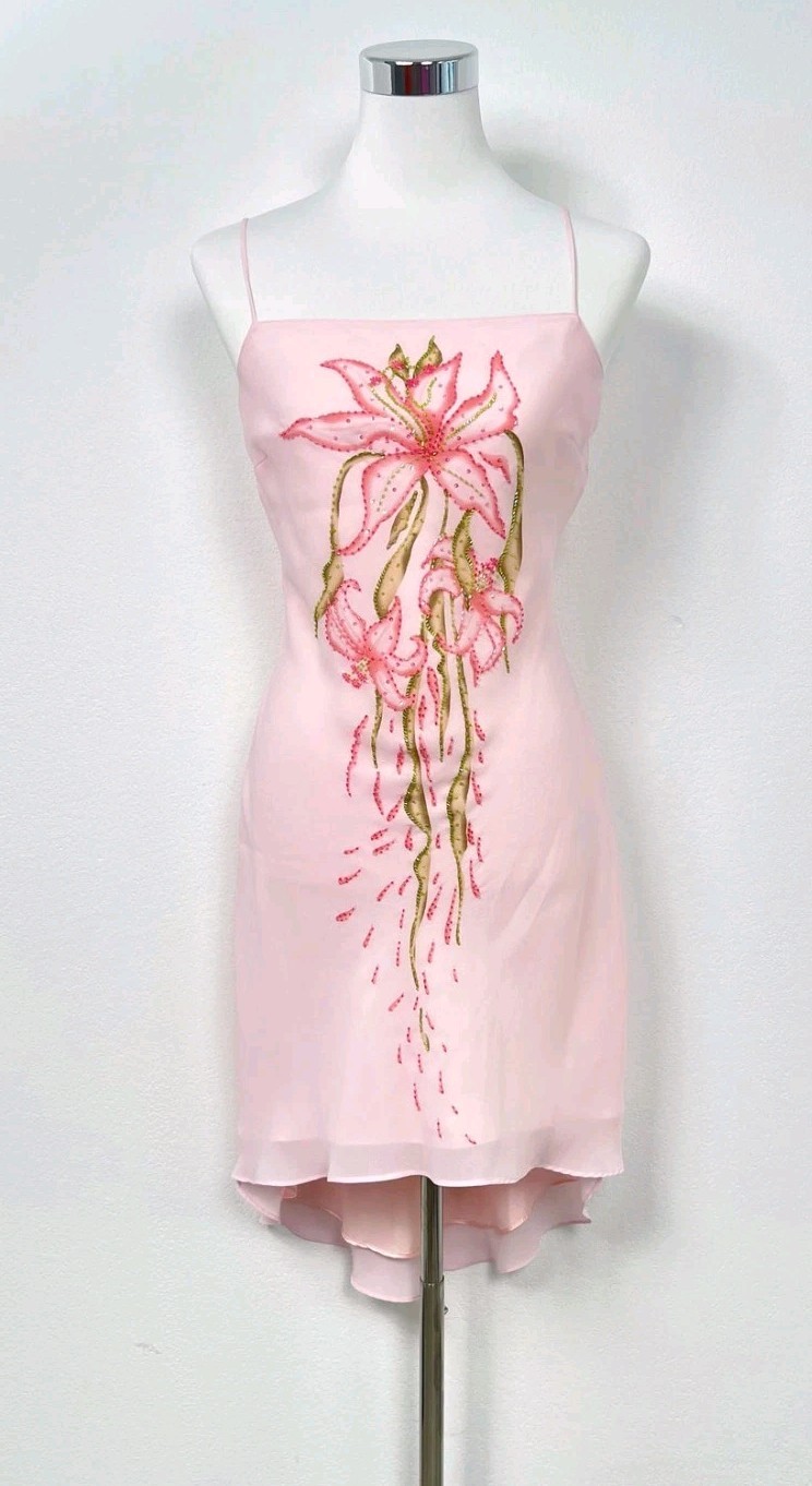 Rare Y2K APART Fairy Pink Lily Beaded Floral Dress Sheer Slip High Low Dress 4