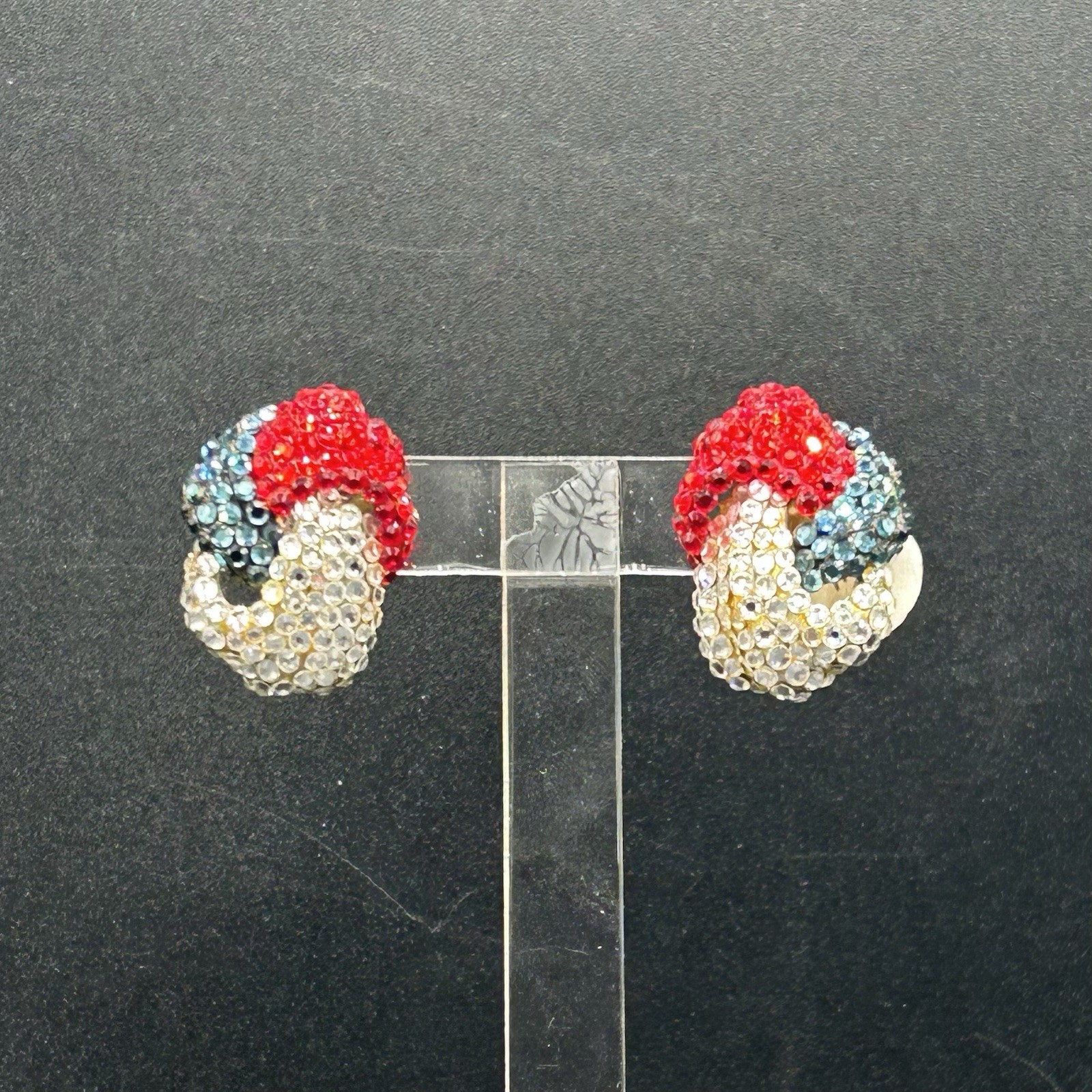 Vintage F.O. Inc NOS 80s 90s Red White Blue Rhinestone Clip On Earrings