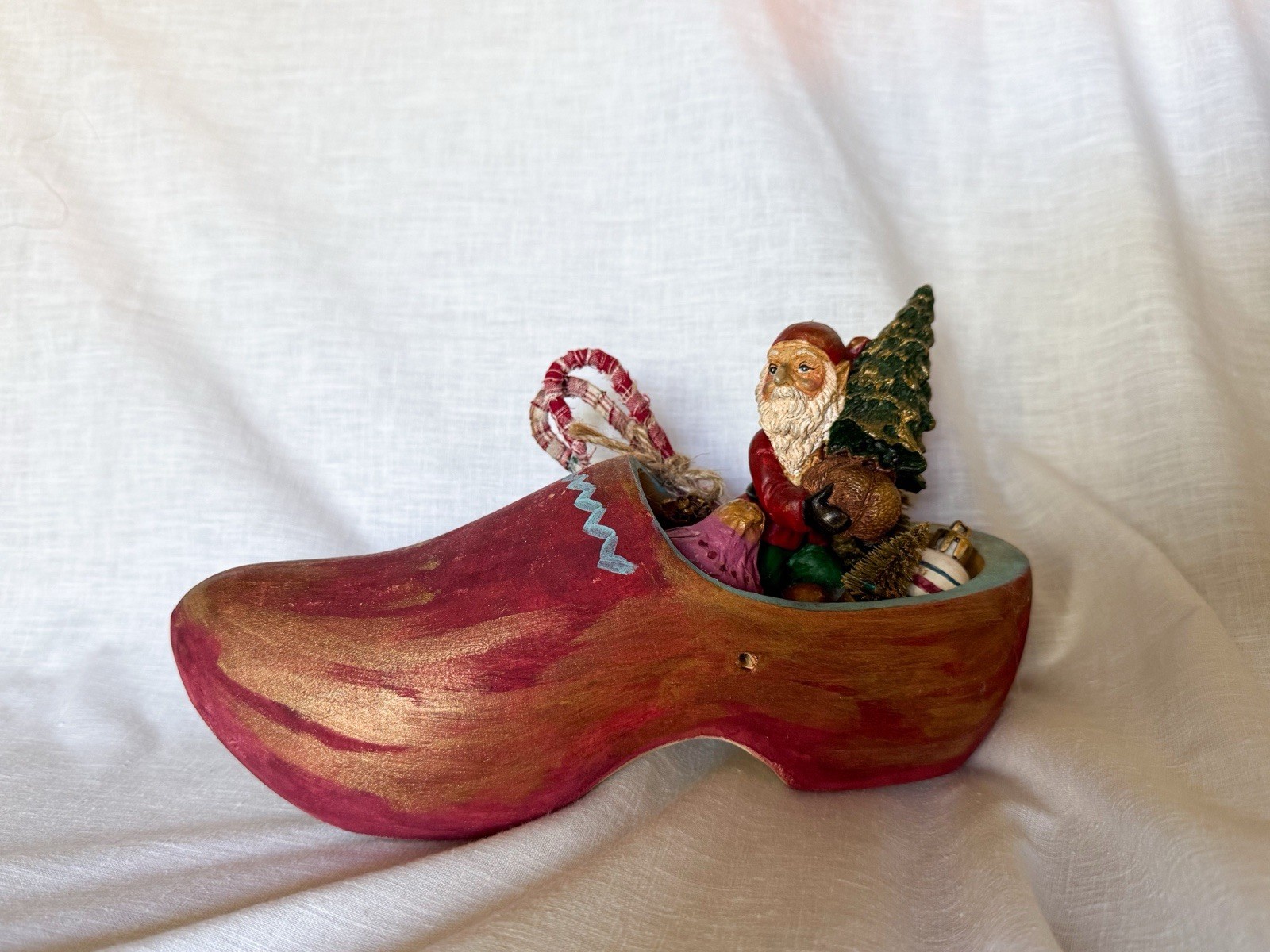 Vintage Primitive Handmade Wooden Clog Christmas Decor Folk Art Santa Gnome