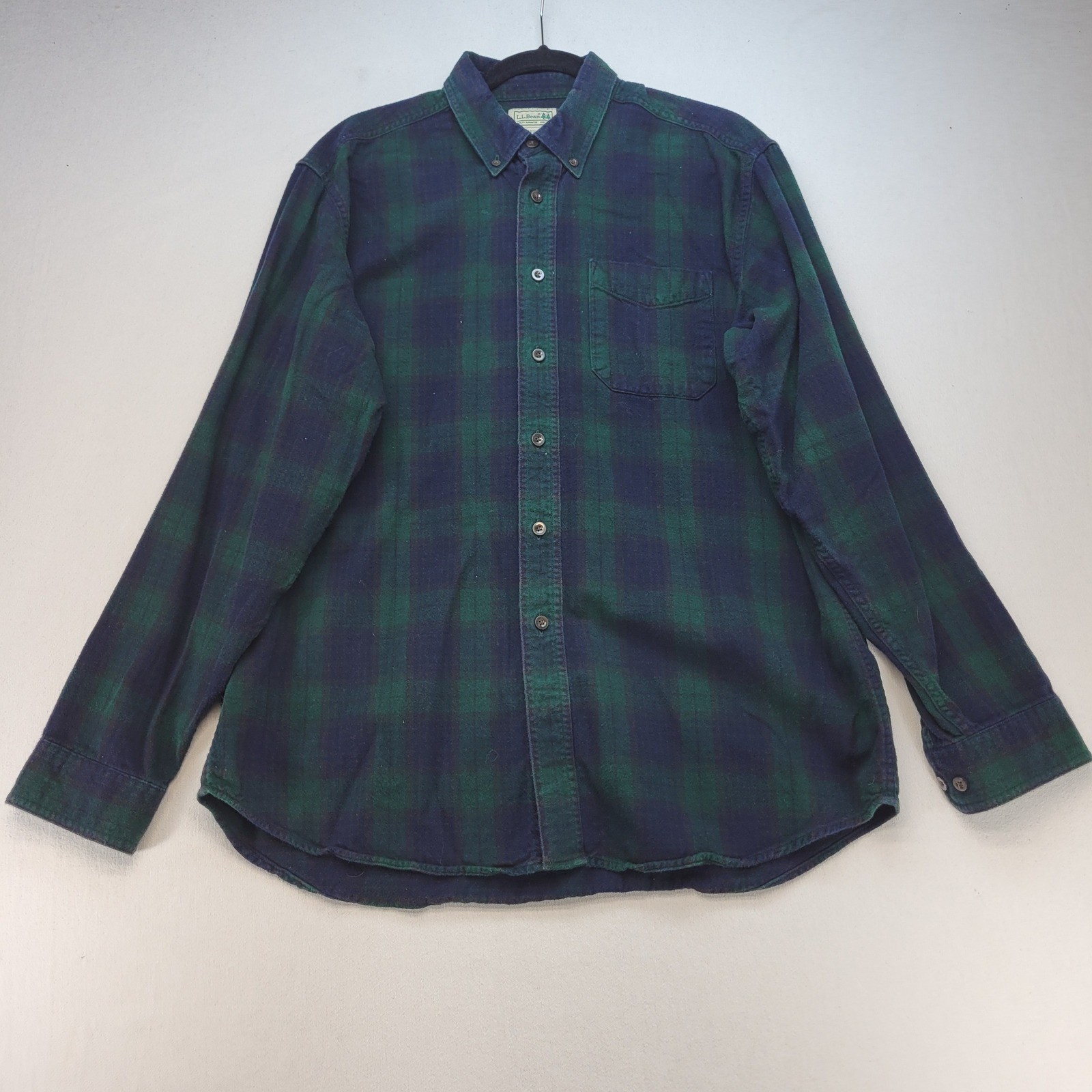 L.L. Bean Flannel Shirt Mens Large Green Blue Plaid Button Down Cotton