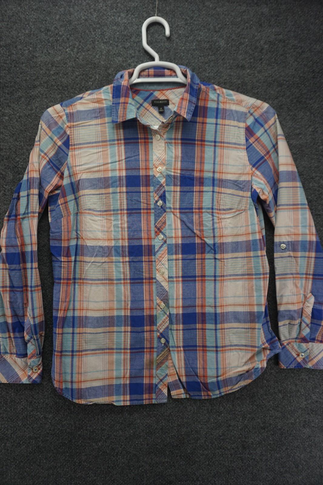 Talbots Button Down Shirt Womens Size 12 Plaid Roll Tab Long Sleeve