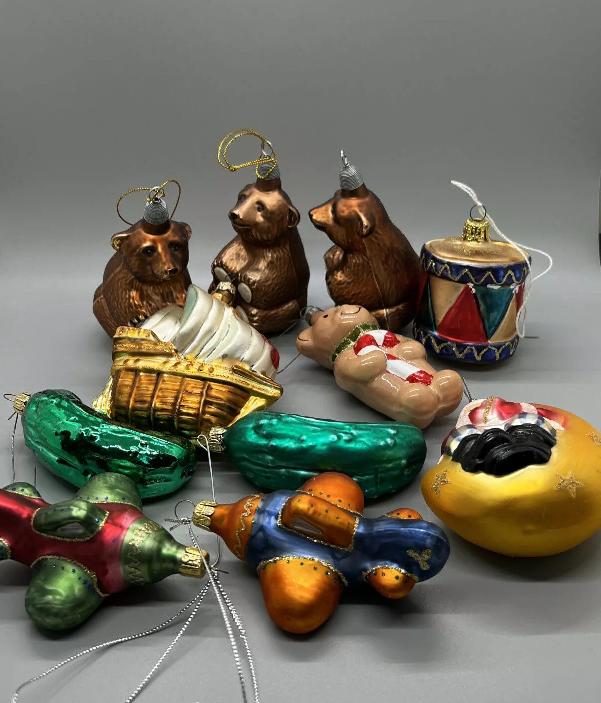 Christborn Ornament Set Glass Germany Blown Bear Cucumber Santa Drum tree