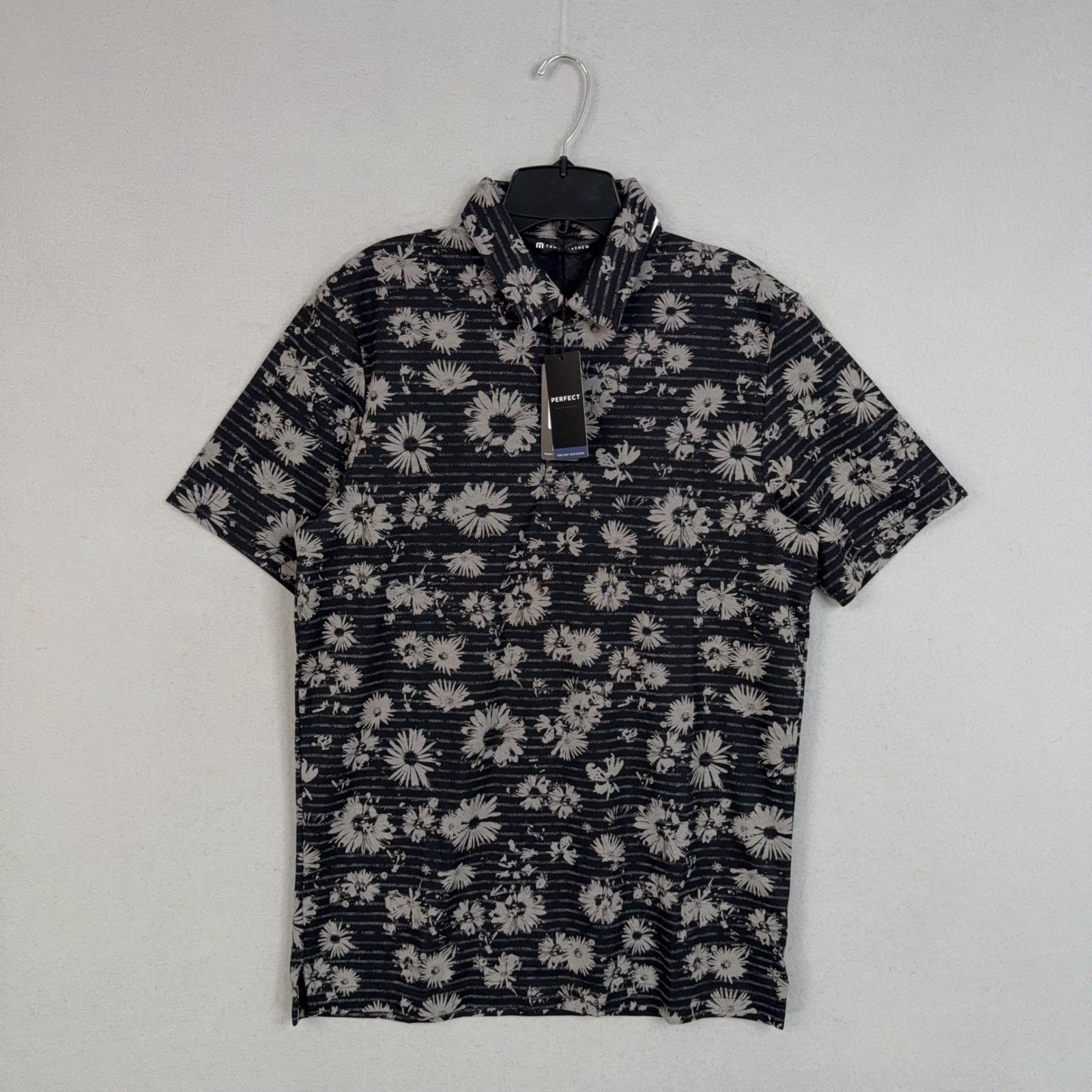 Travis Mathew Polo Mens Medium Black Floral Shaded Grove Golf Performance Preppy