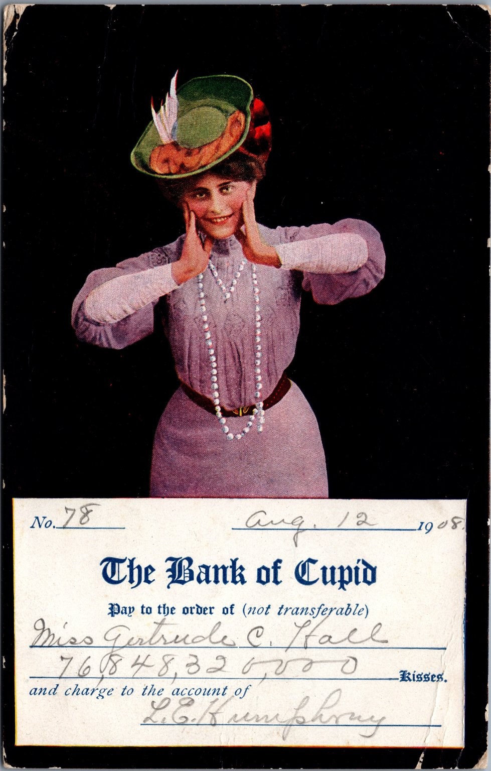 1908 Bank of Cupid Postcard to Miss Gertrude Hall Del Norte CO