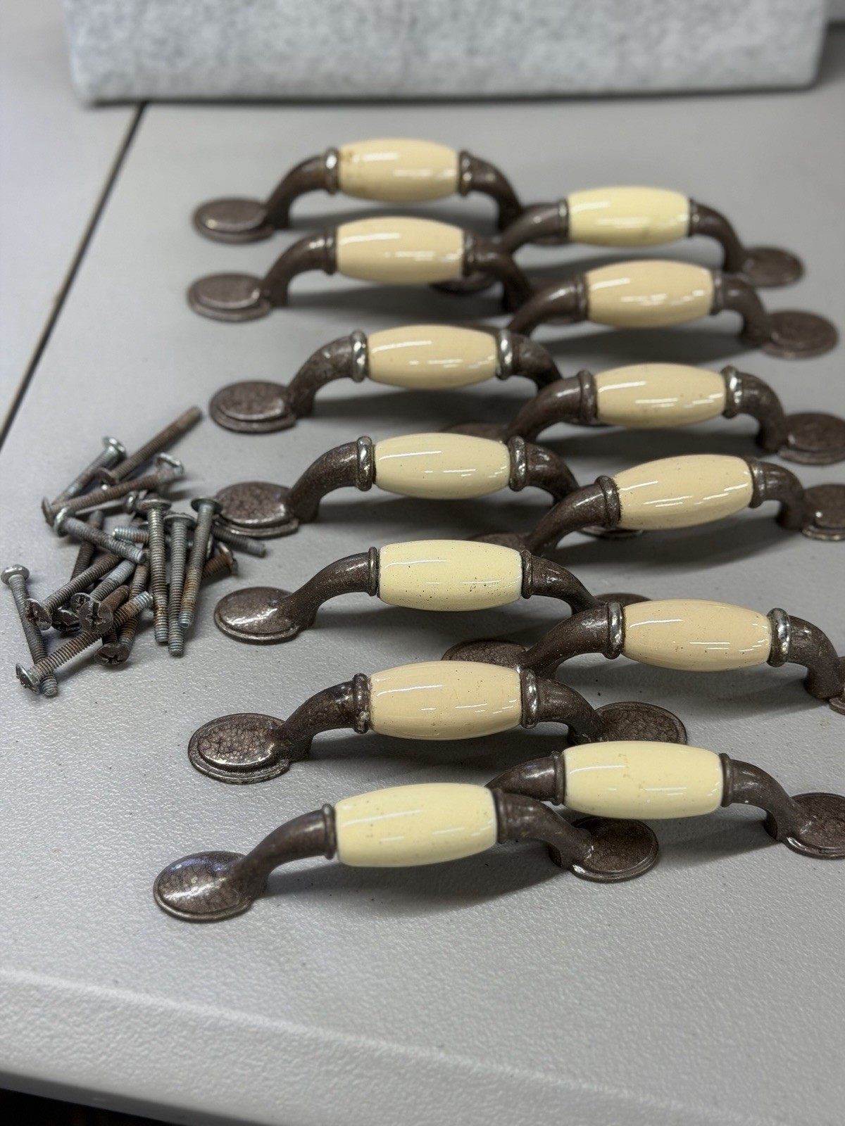 Set of 13 Vintage Antique Brass Almond Ceramic Drawer Pulls 3