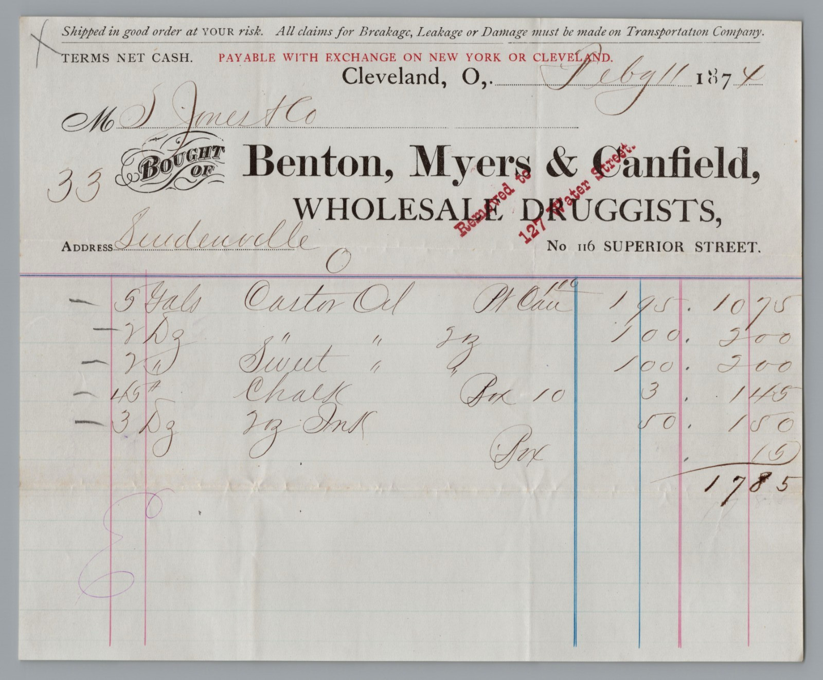 1874 Billhead Benton, Myers & Canfield, DRUGGISTS, Cleveland OH RARE