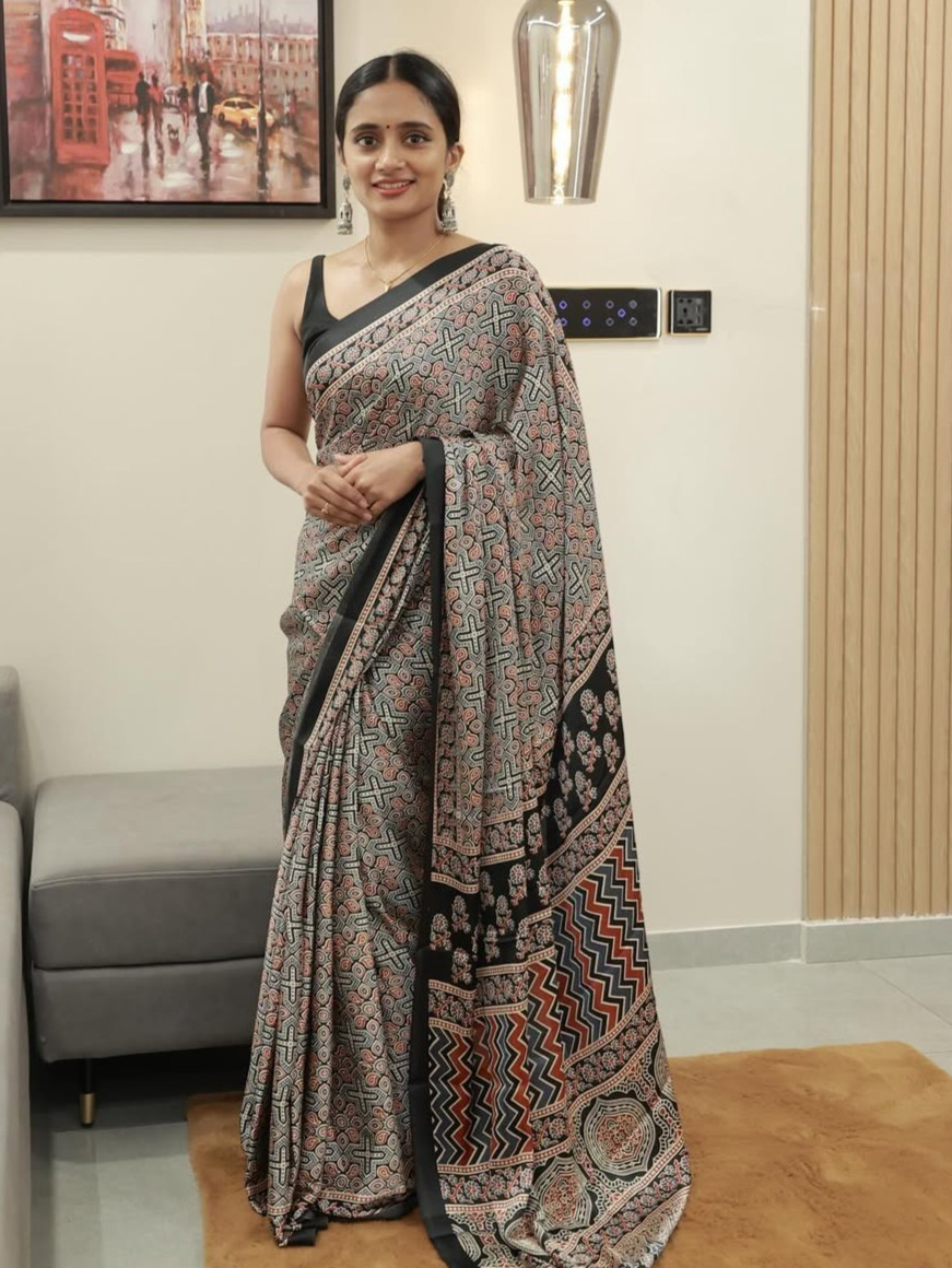 Ajrakh Print Saree Semi Gajji Silk Digital Print Indian Ethnic Sari With Blouse