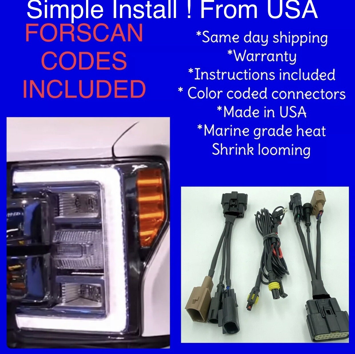 2017 2018 2019 Ford F250 350 + Headlight Halogen To LED Conversion Adapter