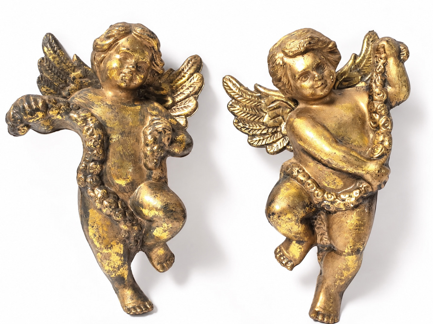 Vtg. Pair Gold Cherub Angel Wall Plaques Putti Hollywood Regency Plastic 9.25\