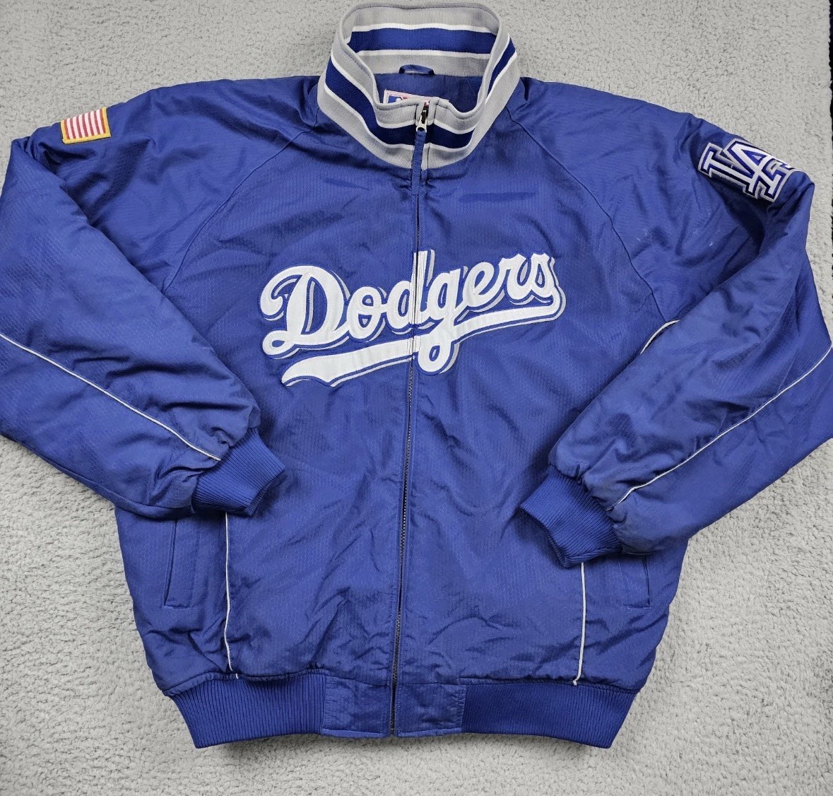 VTG 00s MLB Los Angeles Dodgers Majestic Dugout Bomber Jacket USA Flag Patch 2XL