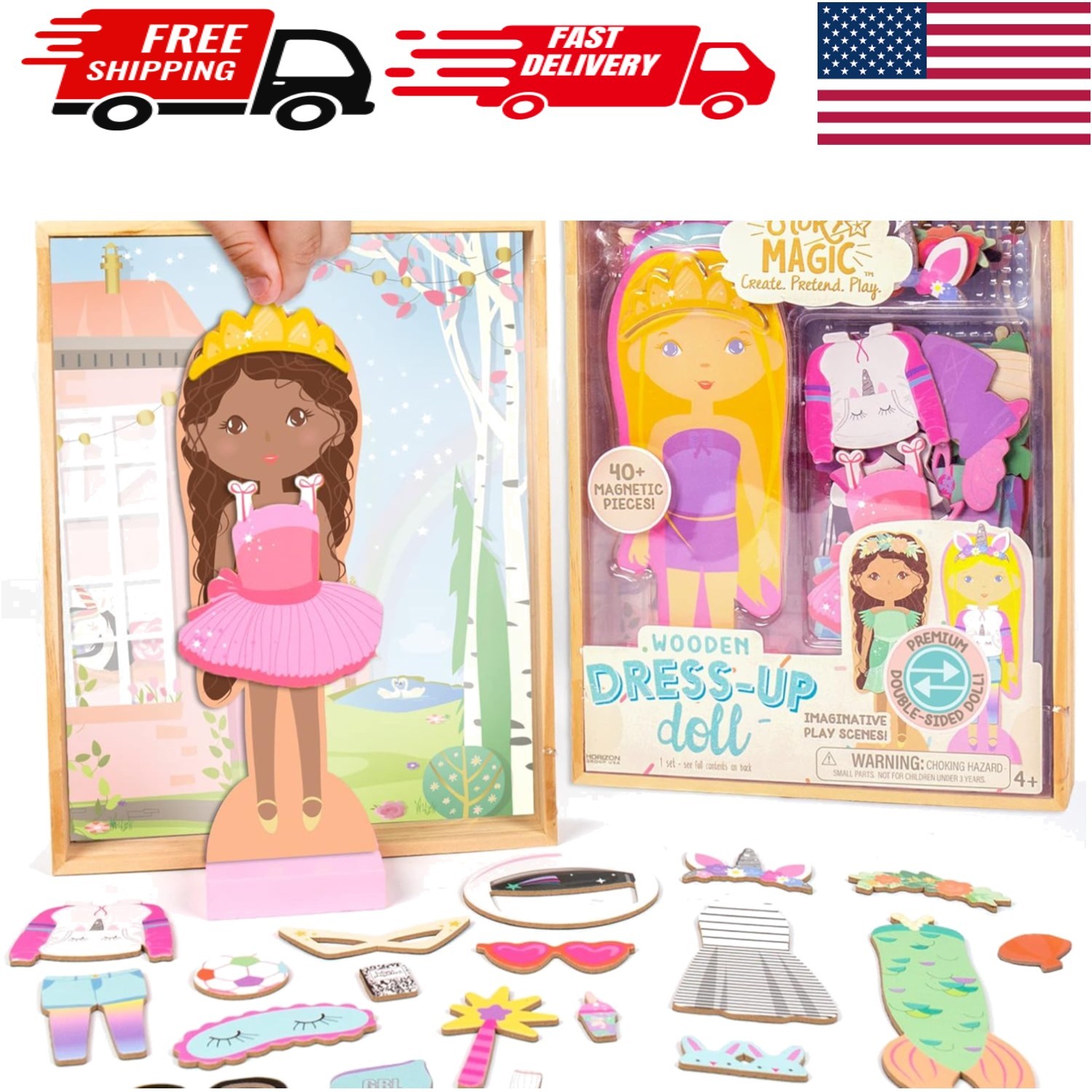 Interactive Double-Sided Wooden Dress-Up Doll with 40+ Accessories for Kids