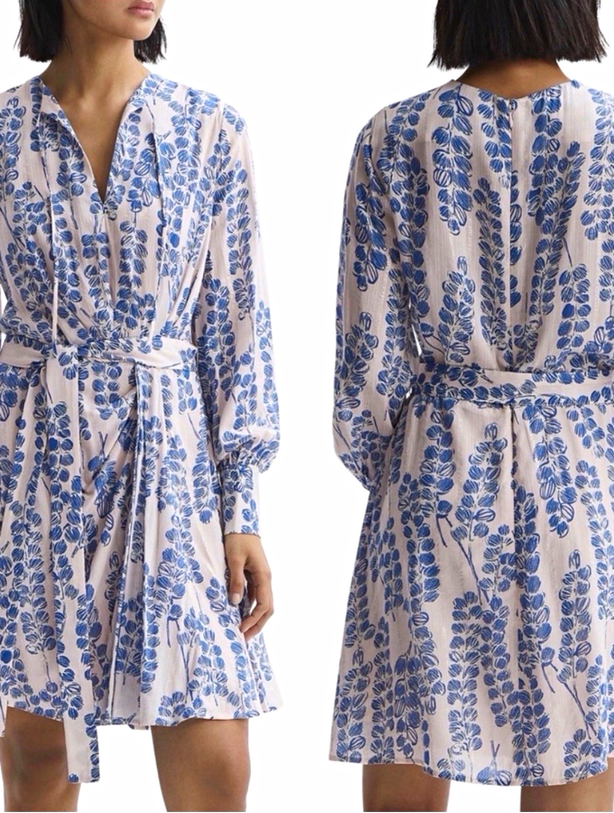 Reiss Blue & White Floral V-Neck Long Sleeve Short Dress Zip Belted