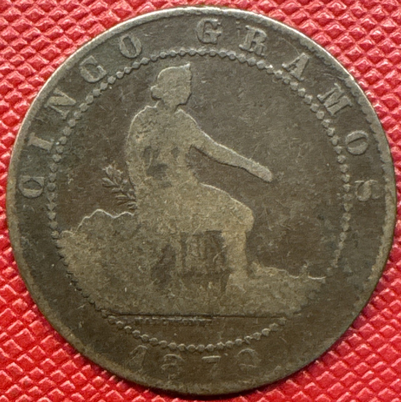 Spain 1870-OM Bronze 5 Centimos. One Year Type. KM# 662