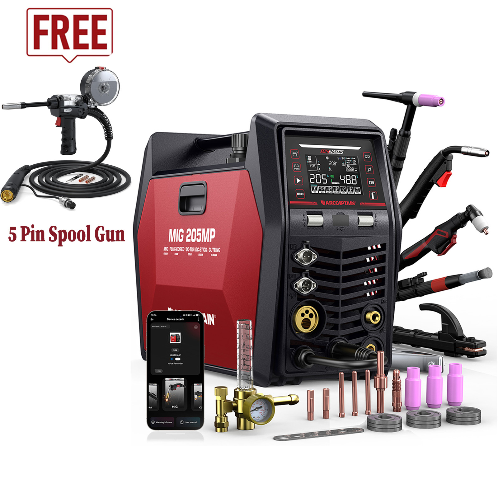ARCCAPTAIN MIG205MP MIG Welder 9 IN 1 Plasma Cutter/Pulsed MIG/TIG & Spool Gun🔥