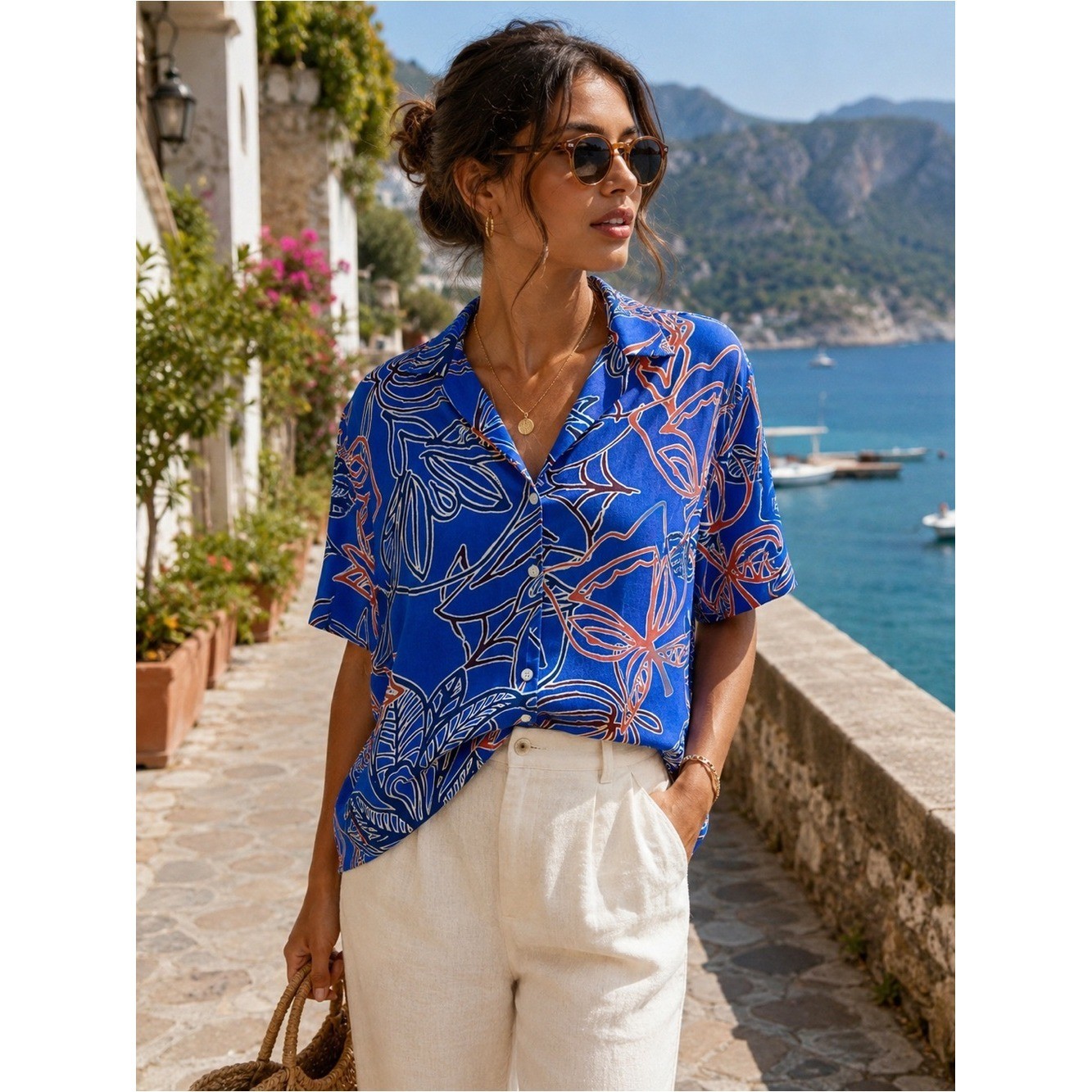 Zara Tropical Print Camp Collar Button Front Shirt Blouse Blue Orange Women\'s S