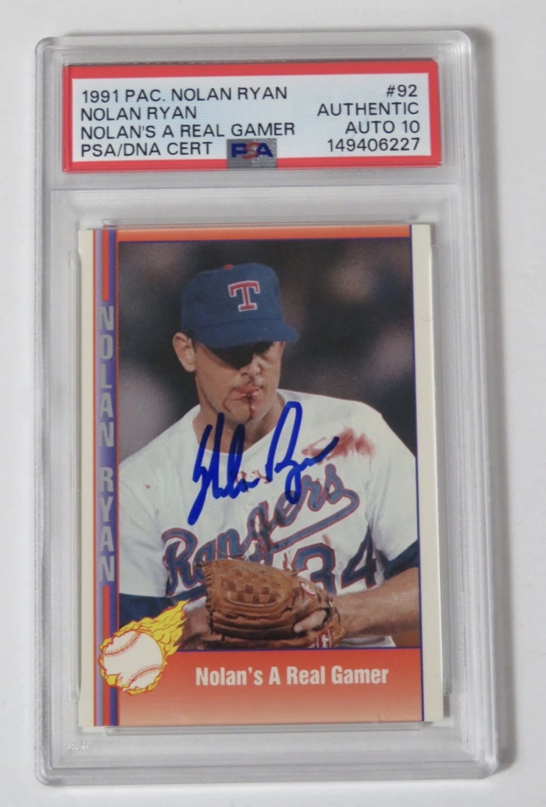 Nolan Ryan HOF Signed Autograph 1991 Pacific Bloody Lip Card # 92 PSA 10 Auto