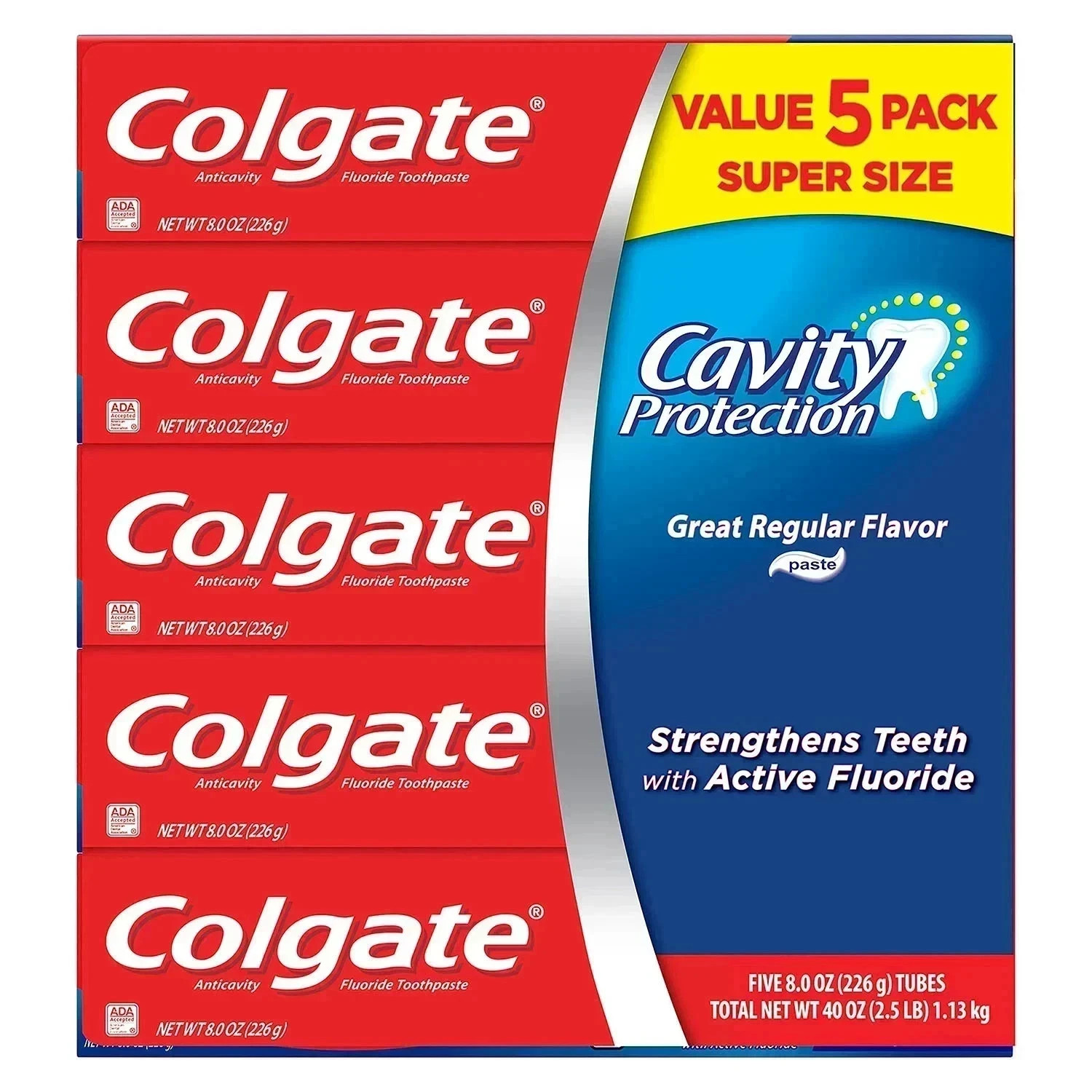 Colgate Cavity Protection Toothpaste with Fluoride, Regular Flavor, 8 oz., 5 pk Colgate Cavity Protection Toothpaste with Fluoride, Regular Flavor, 8 oz., 5 pk
