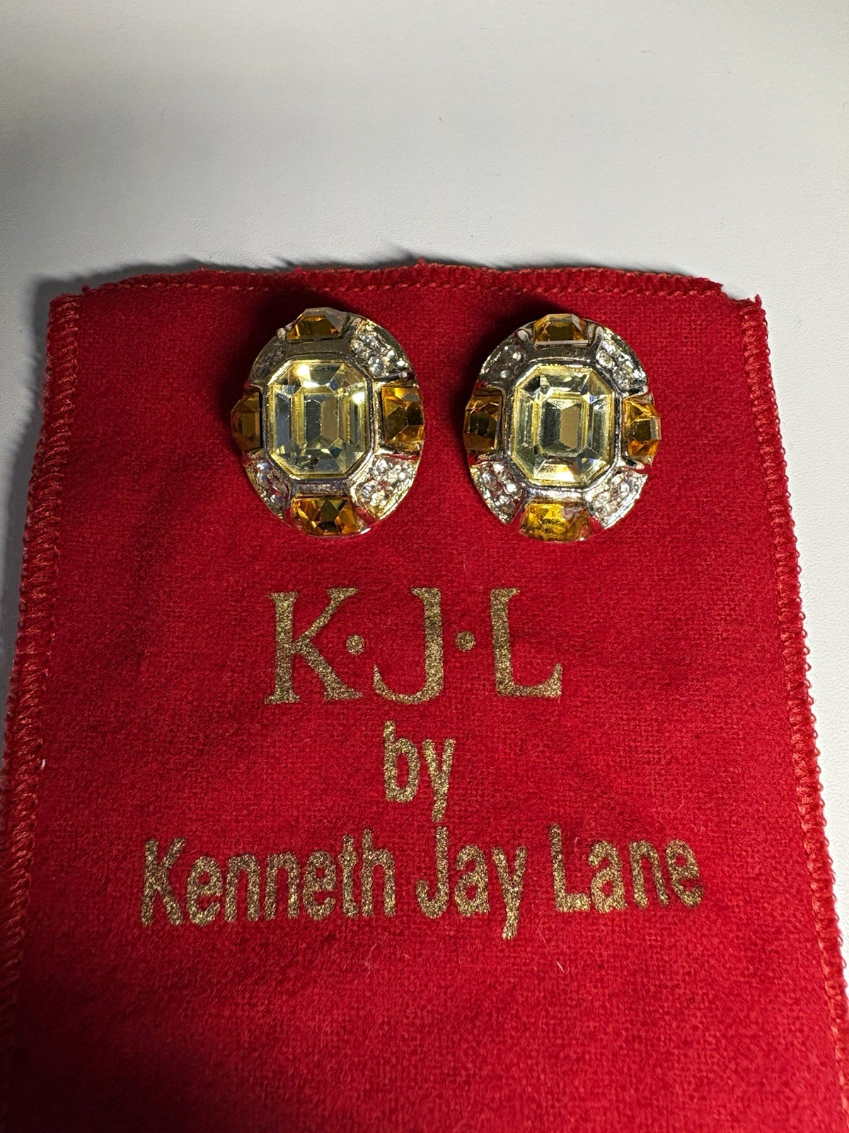 Vintage Kenneth Jay Lane Signed Gold Tone Crystal Clip-On Earrings original bag Vintage Kenneth Jay Lane Signed Gold Tone Crystal Clip-On Earrings original bag