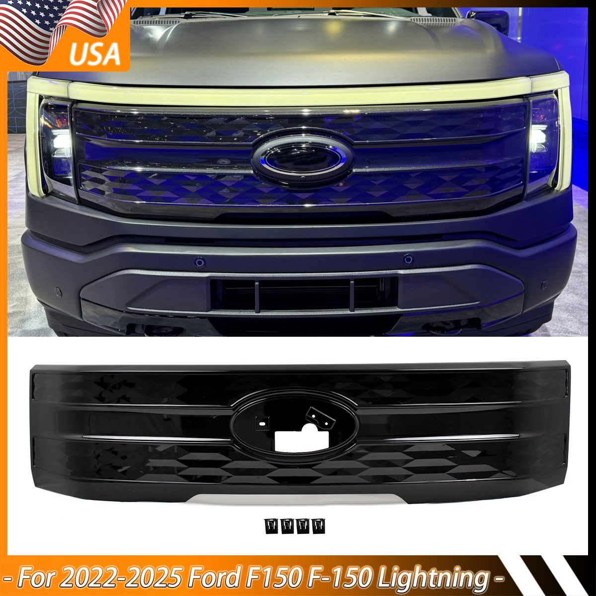 For 2022-24 2025 Ford F150 F-150 Lightning Agate Black Fornt Bumper Grille Grill