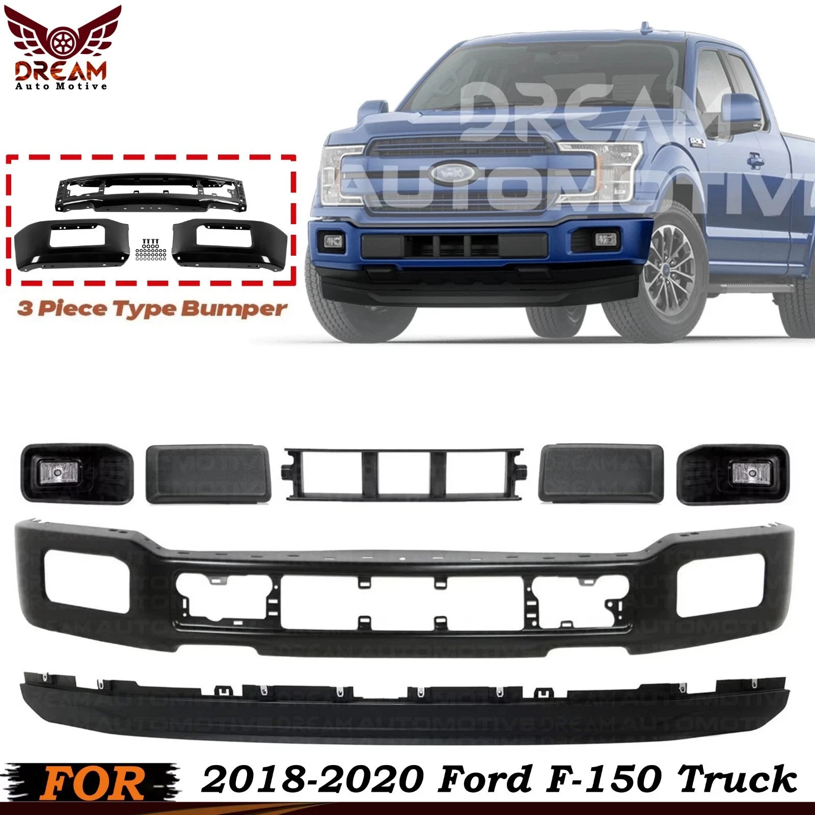 Front Bumper Paintable & Fog Light Assembly Kit For 2018-2020 Ford F-150 Truck Front Bumper Paintable & Fog Light Assembly Kit For 2018-2020 Ford F-150 Truck