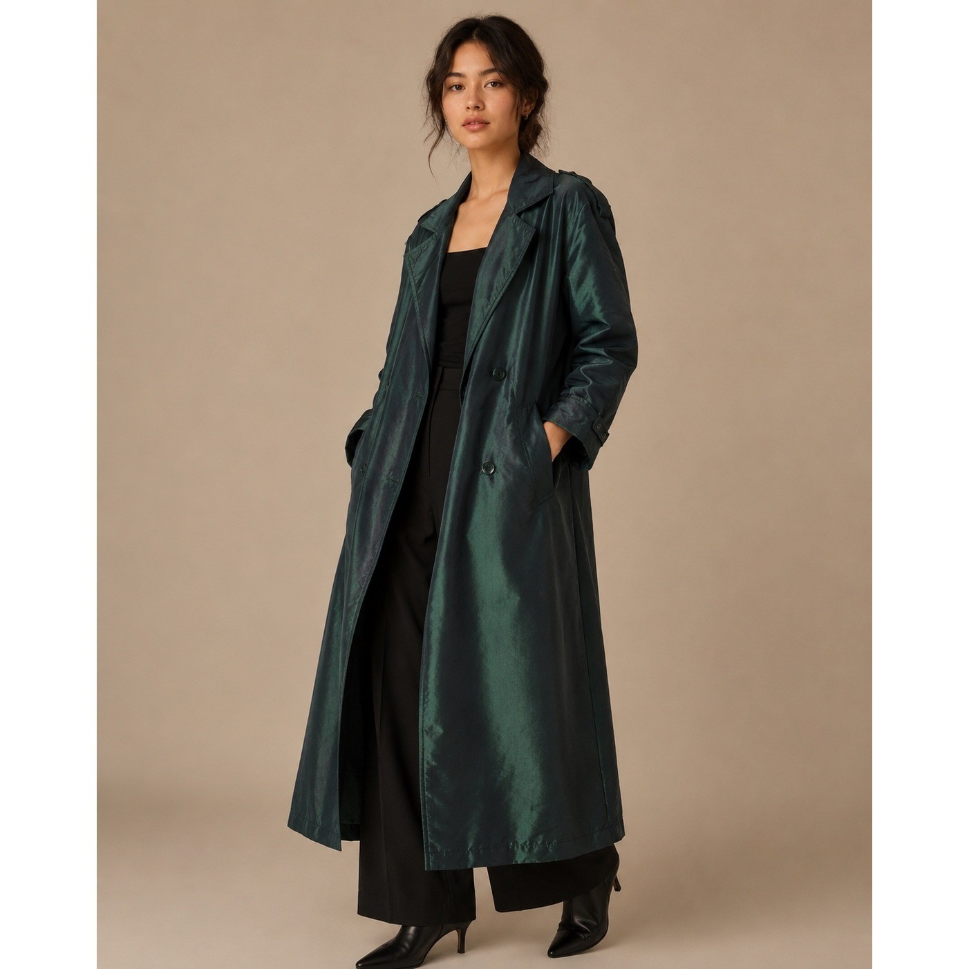 VTG Casual Corner Petite Iridescent Green Double Breasted Belted Trench Coat 4P